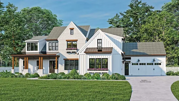 Modern Farmhouse house plans 85-1093 - front exterior, 4,639 sq ft, 5 bed, 4 bath house plans | Monster House Plans