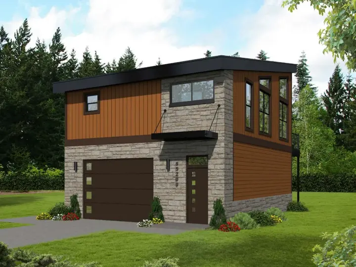 Contemporary house plans 87-250 - front exterior, 825 sq ft, 1 bed, 1 bath house plans | Monster House Plans