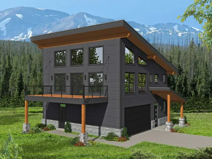 Contemporary house plans 87-256 - front exterior, 1,359 sq ft, 3 bed, 2 bath house plans | Monster House Plans