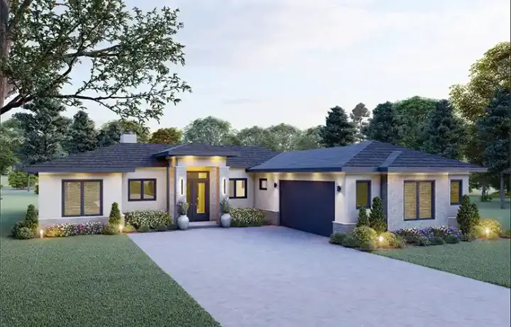 Prairie house plans 87-326 - front exterior, 2,332 sq ft, 3 bed, 3 bath house plans | Monster House Plans