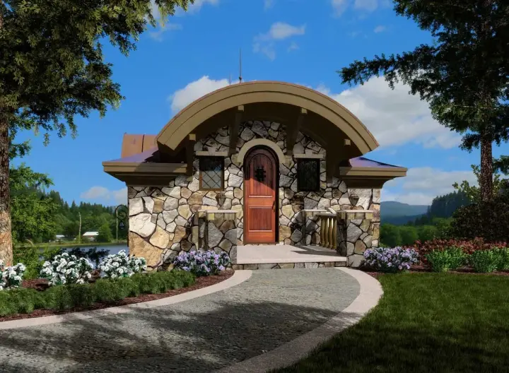 European house plans 88-107 - front exterior, 590 sq ft, 0 bed, 1 bath house plans | Monster House Plans