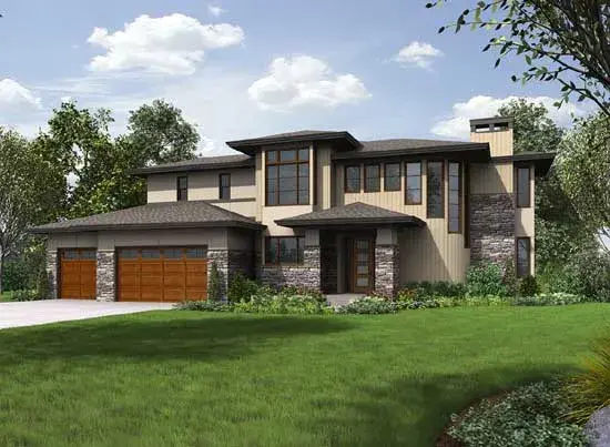 Prairie house plans 88-339 - front exterior, 3,771 sq ft, 5 bed, 3 bath house plans | Monster House Plans