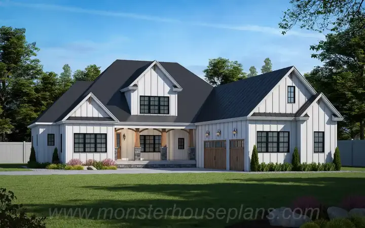 Modern Farmhouse house plans 90-154 - front exterior, 3,475 sq ft, 4 bed, 3 bath house plans | Monster House Plans