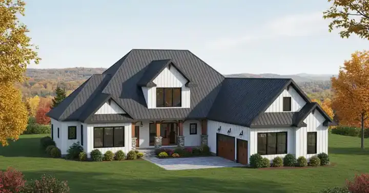 Modern Farmhouse house plans 90-158 - front exterior, 3,475 sq ft, 4 bed, 3 bath house plans | Monster House Plans