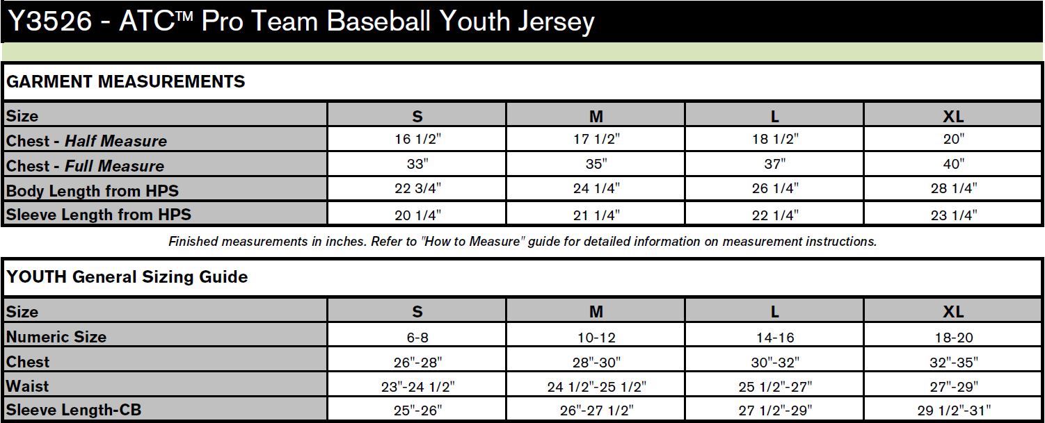 Youth Jersey Size Chart