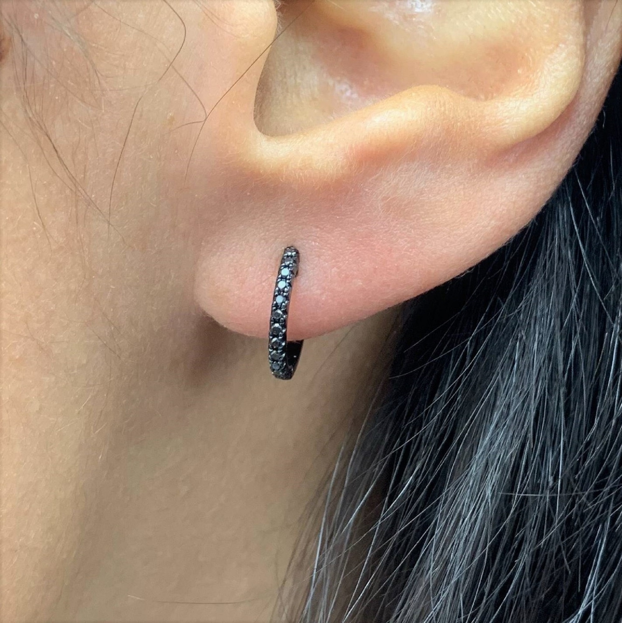 14k Black Gold & Diamond Huggie Earrings - Picture 2 of 4