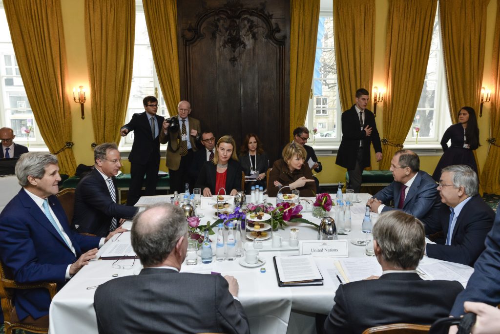 High Representative of the Union for Foreign Affairs and Security Policy and European Commission Vice-President Federica Mogherini (C) during the quartet lateral meeting with Sergei Lavrov (2R) Minister for Foreign Affairs of Russia, John Kerry (L) Secretary of State of the United States and Jan Eliasson (2R) Deputy Secretary General of the United Nations during the 51st Security Conference in Munich, Germany on February 8, 2015. Source: European External Action Service. 