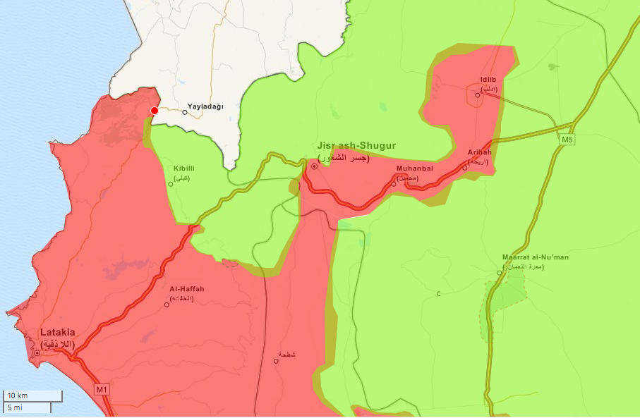 Map of the Idlib region in Jaunary 2015, by deSyracuse (@deSyracuse). Government control in red, rebel control in green.