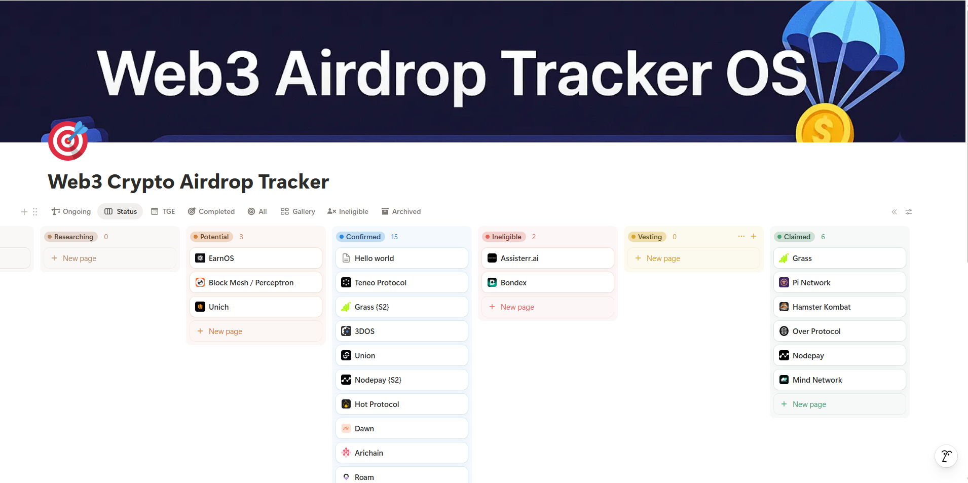 Web3 Crypto Airdrop Tracker Template by Temini_0x | Notion Marketplace
