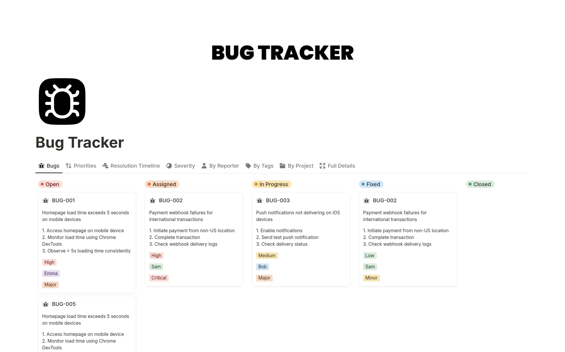 Bug Tracker のプレビュー