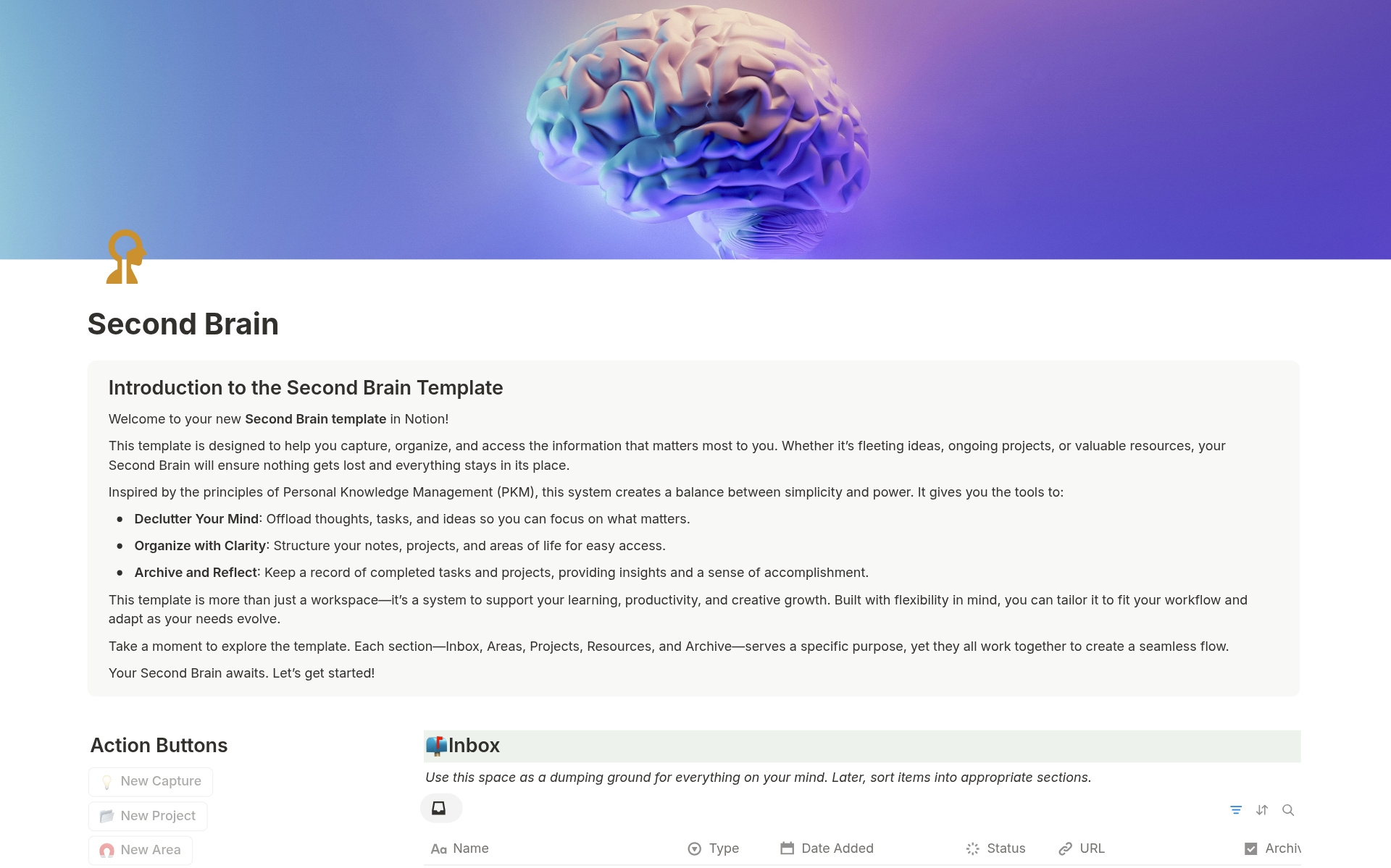 Second Brain Notion Template のプレビュー