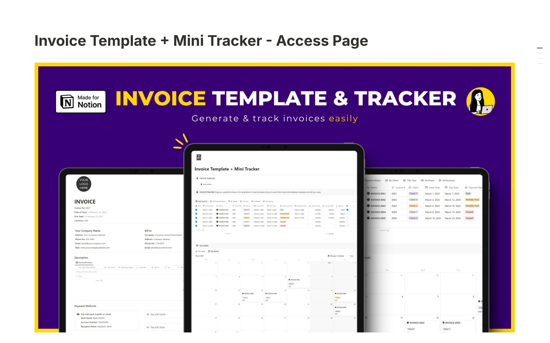 Simple Notion Invoice Template and Mini Tracker のプレビュー