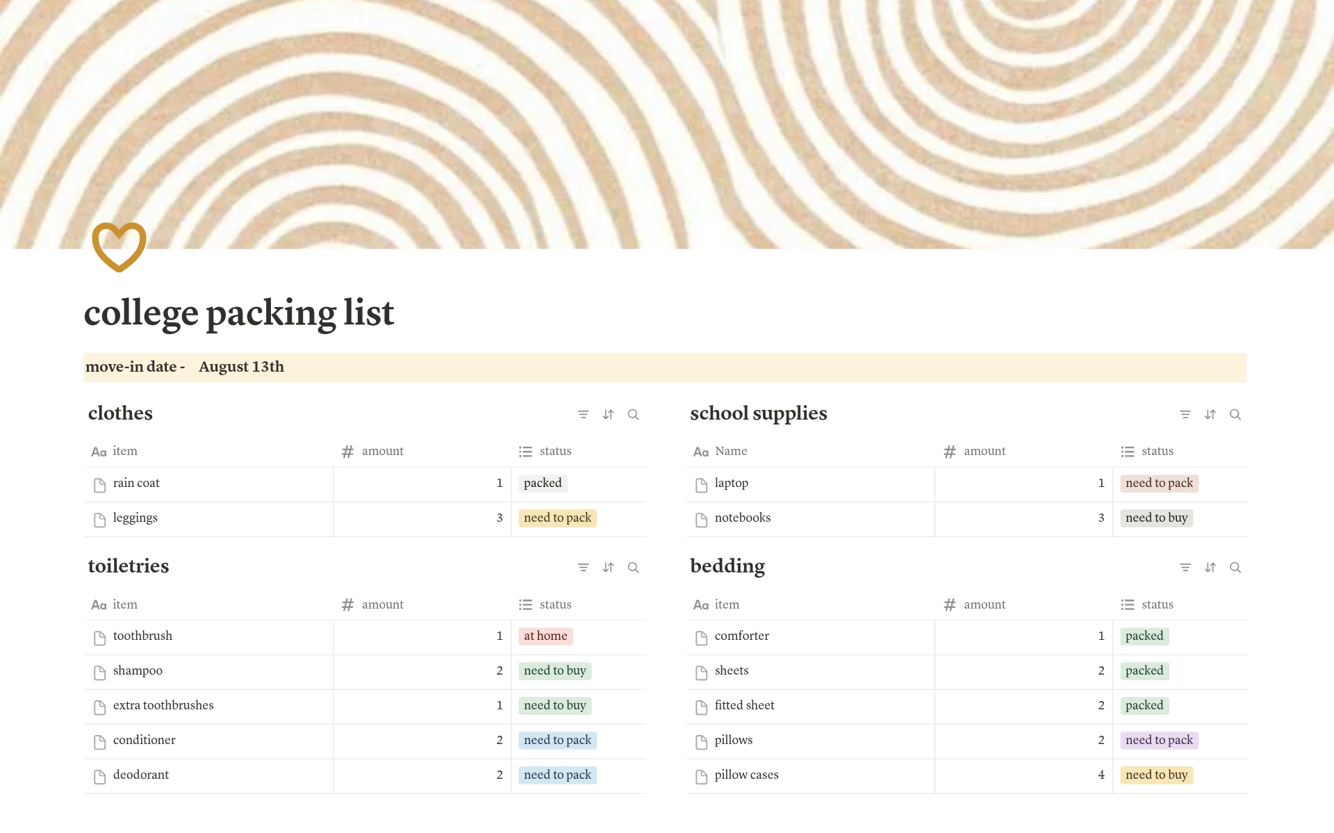College Packing List のプレビュー