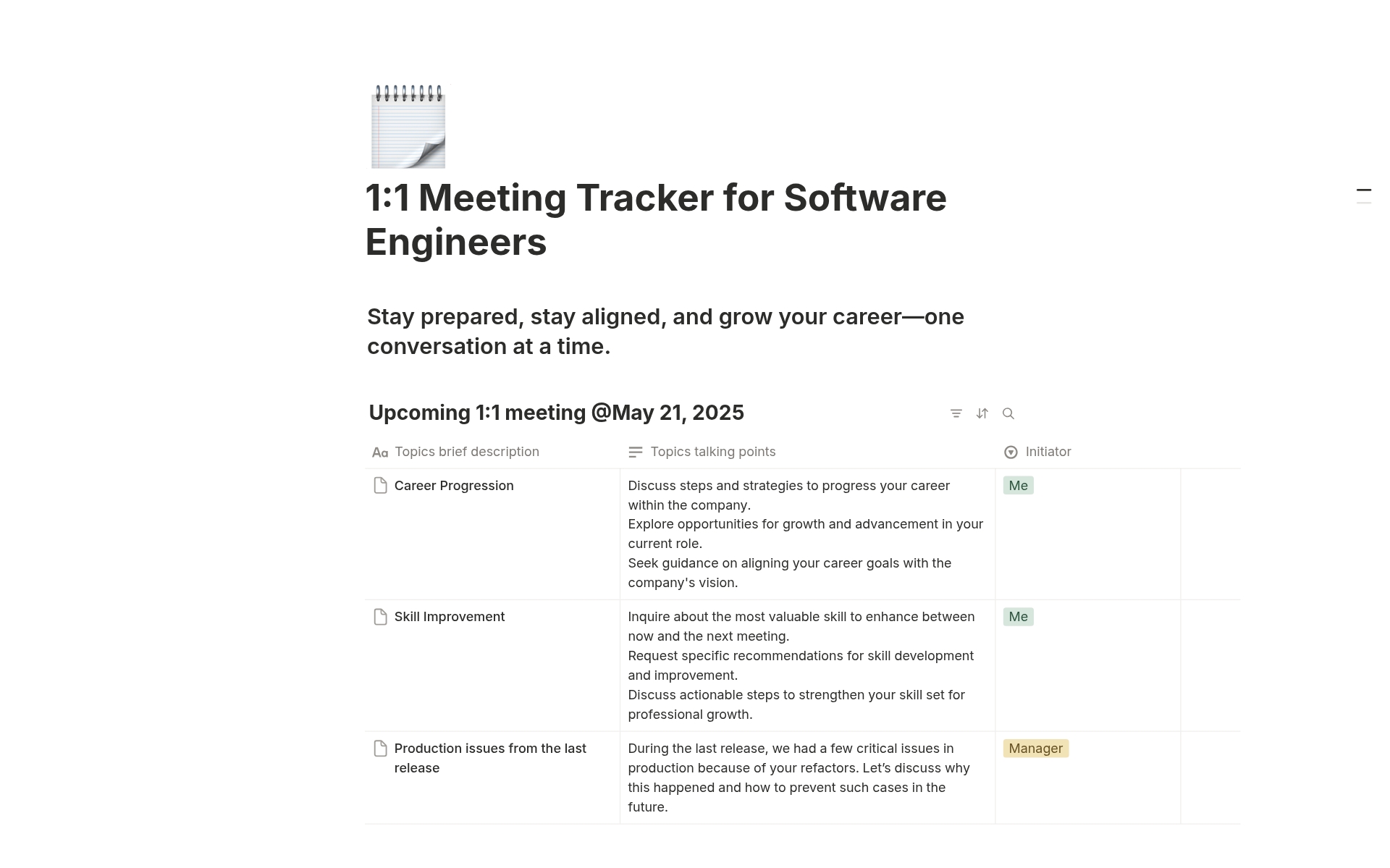1:1 Meeting Tracker for Software Engineers のプレビュー