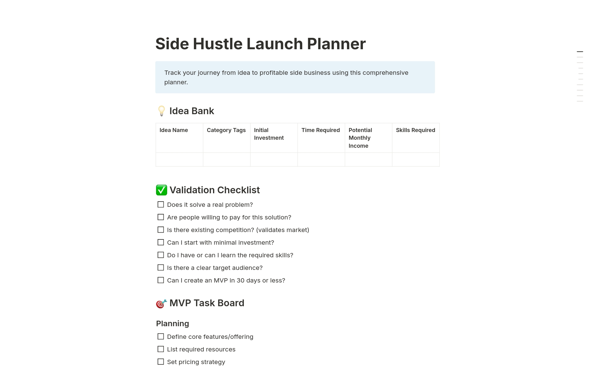 Side Hustle Launch Planner のプレビュー