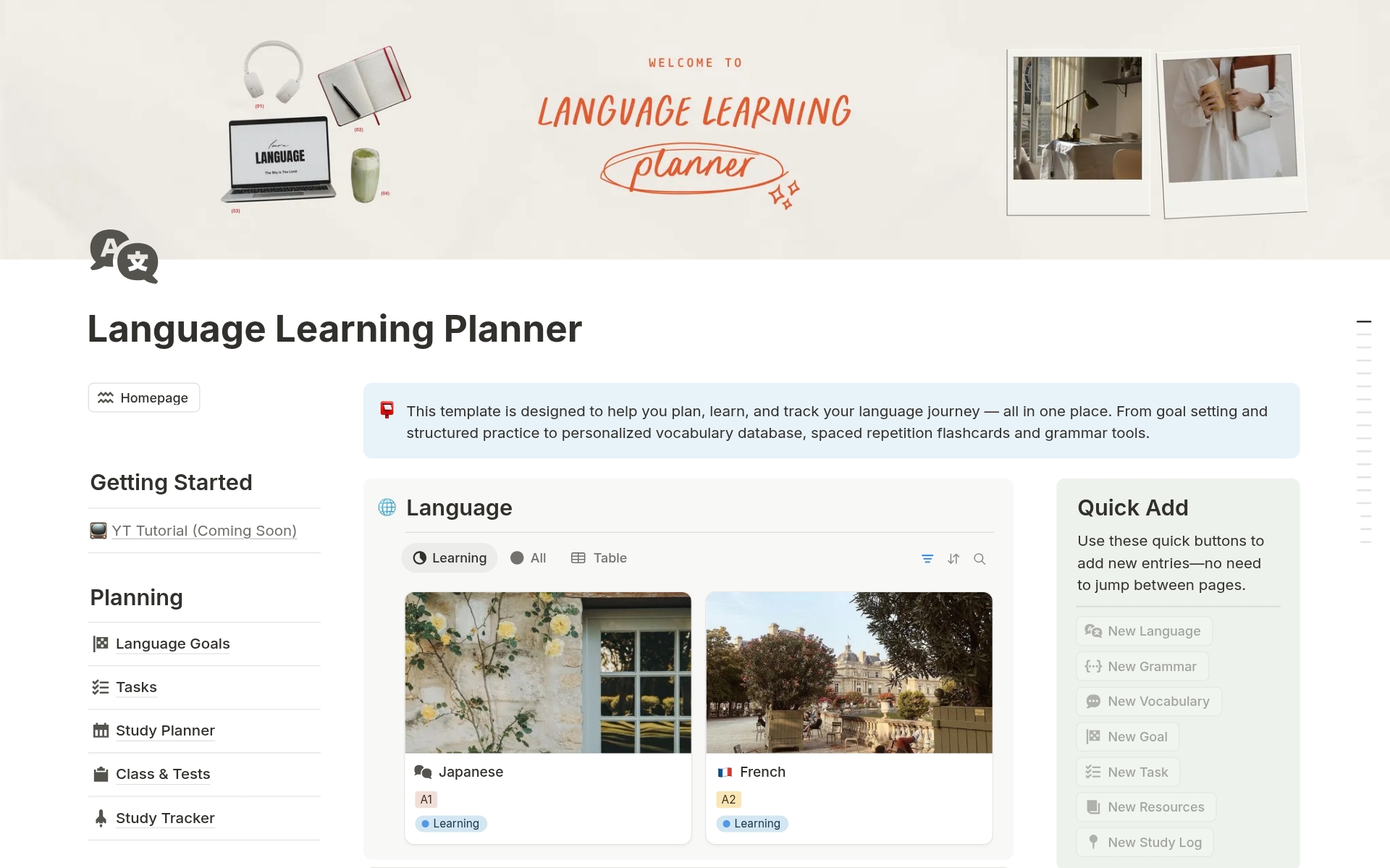 Language Learning Planner, Study & Vocabulary のプレビュー