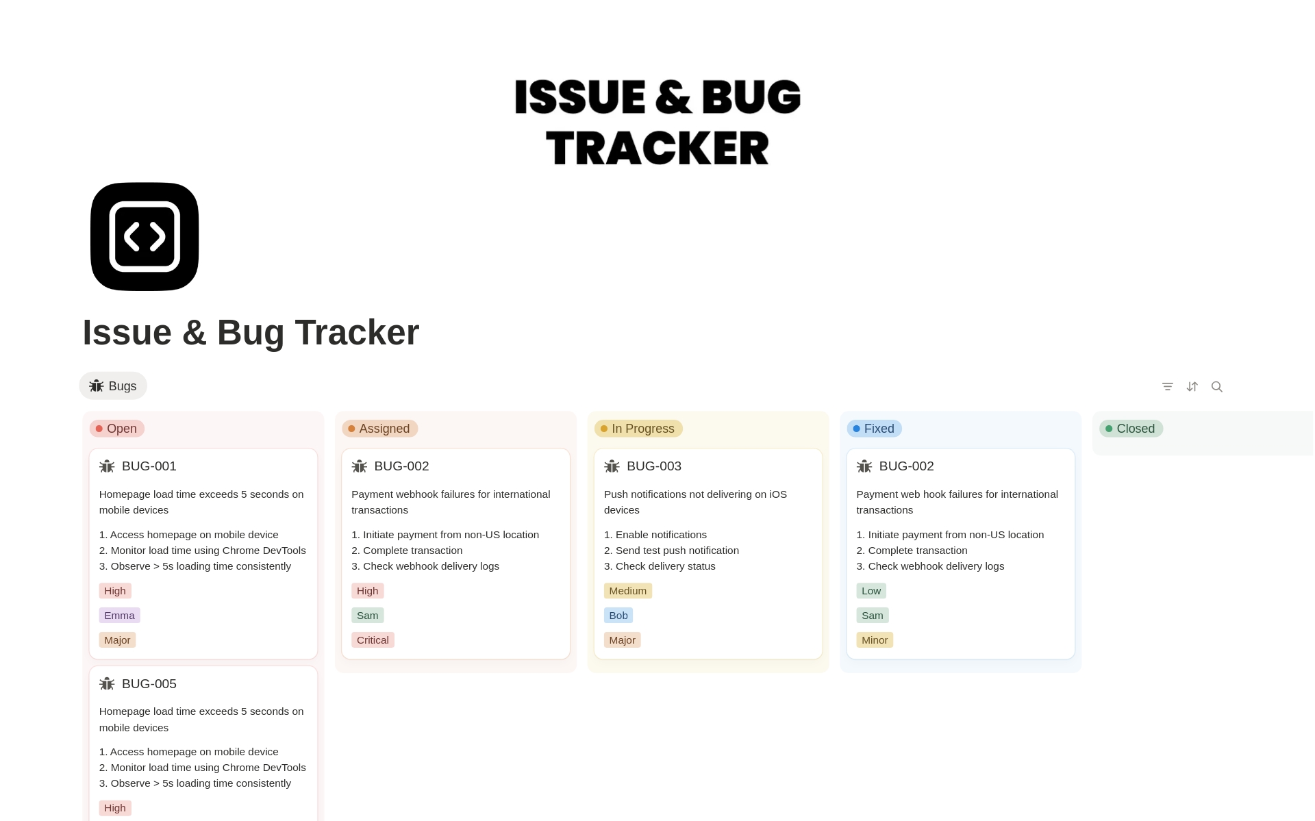 Issue & Bug Tracker のプレビュー