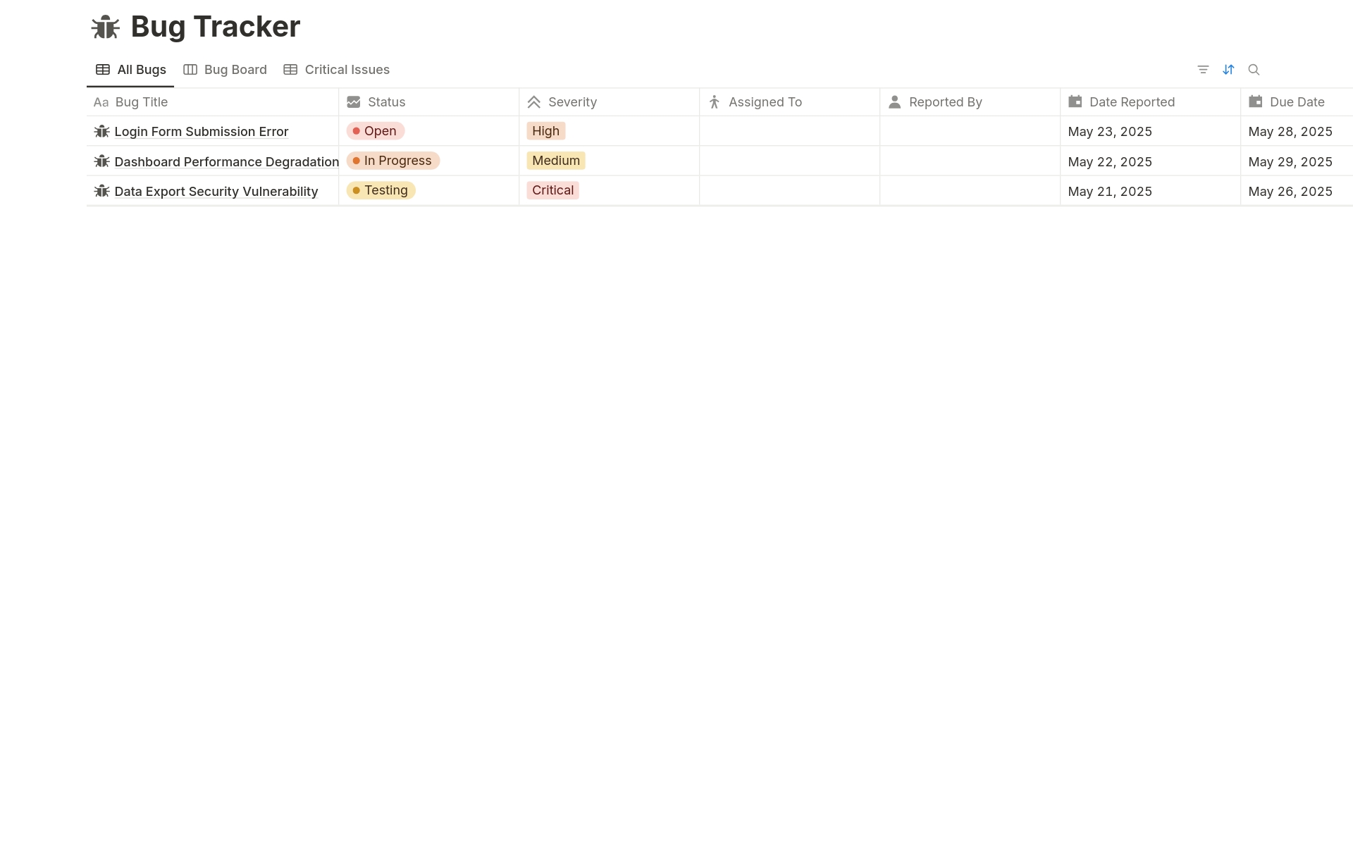 Bug Tracker のプレビュー