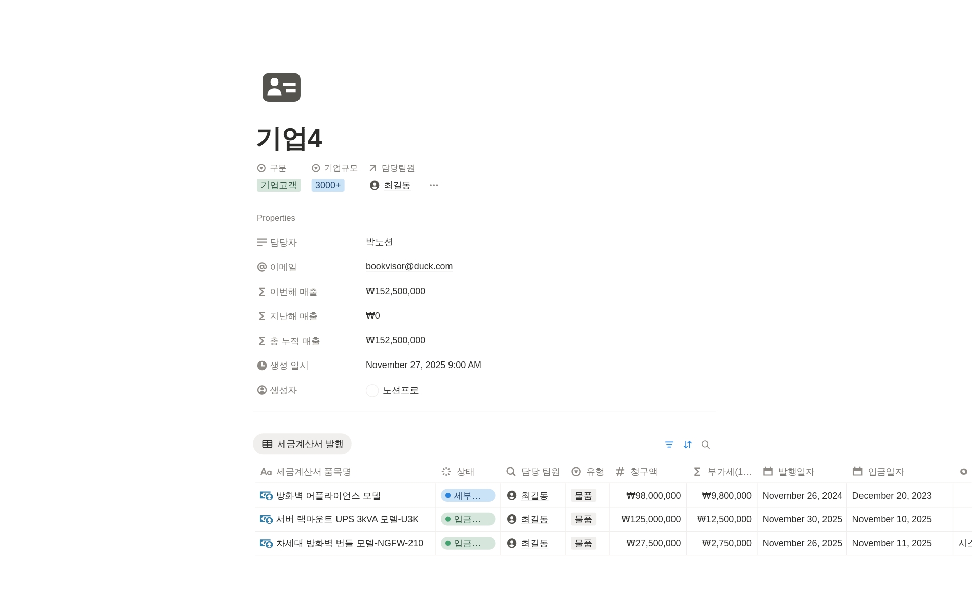 프로_고객사 세금계산서 및 팀원별 매출현황 관리 | Modèle créé par 반프로 (Business CRM) |  Marketplace Notion