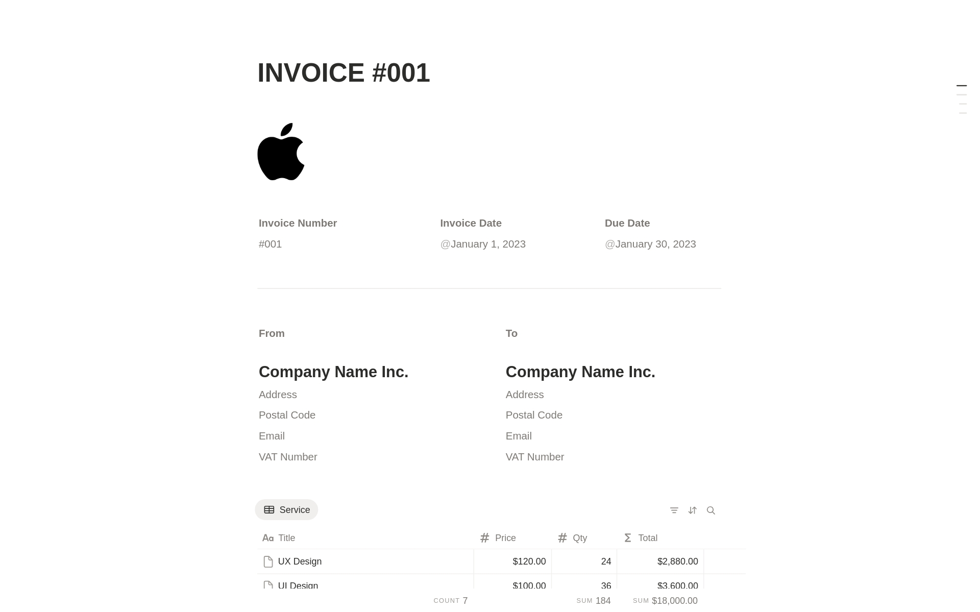 Invoice のプレビュー