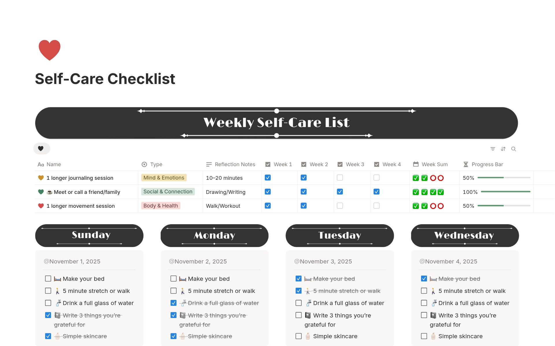 Self-Care Checklist のプレビュー