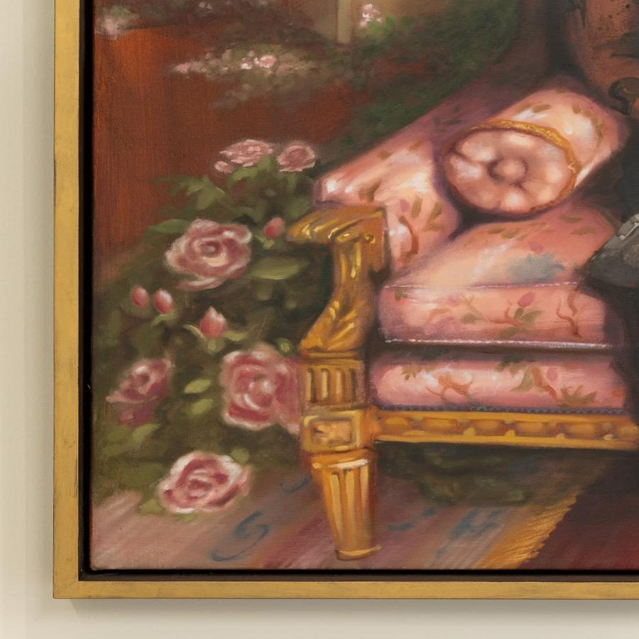 A painted section of an ornate chair with pink floral fabric, gold detailing, and nearby pink roses.