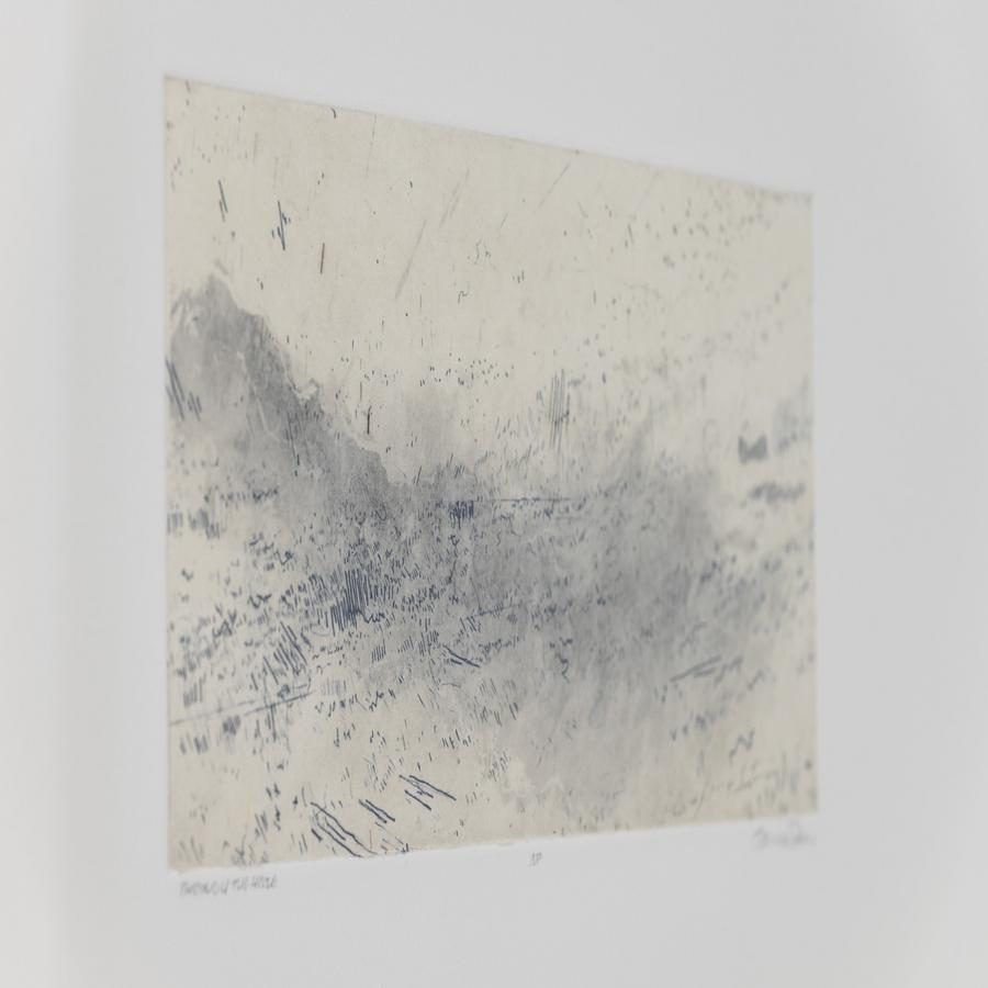 Abstract grayscale artwork in a white frame with varied textures and lines.