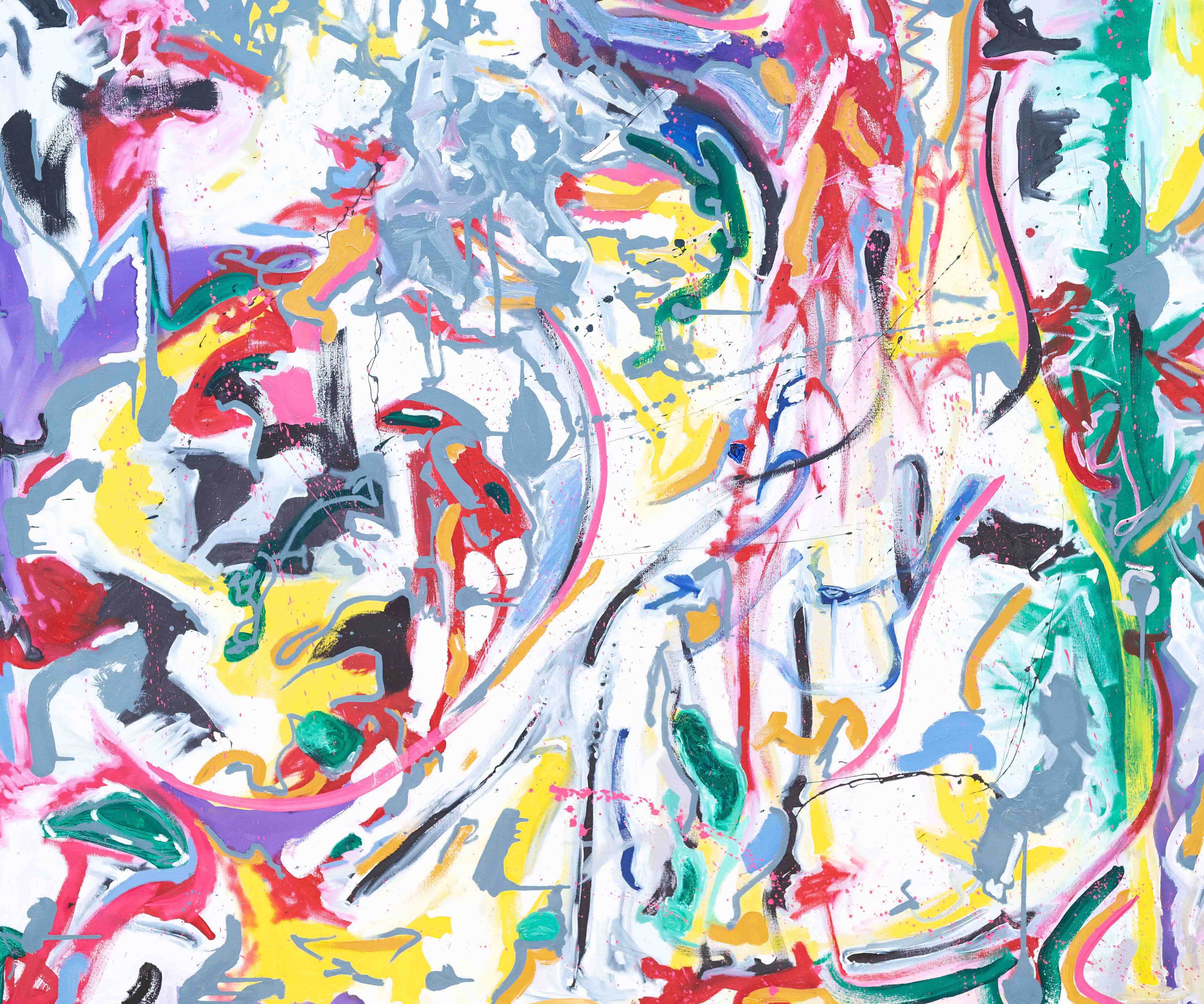 Abstract painting with vibrant, overlapping brush strokes and splashes of red, yellow, green, blue, purple, and other colors against a white background.