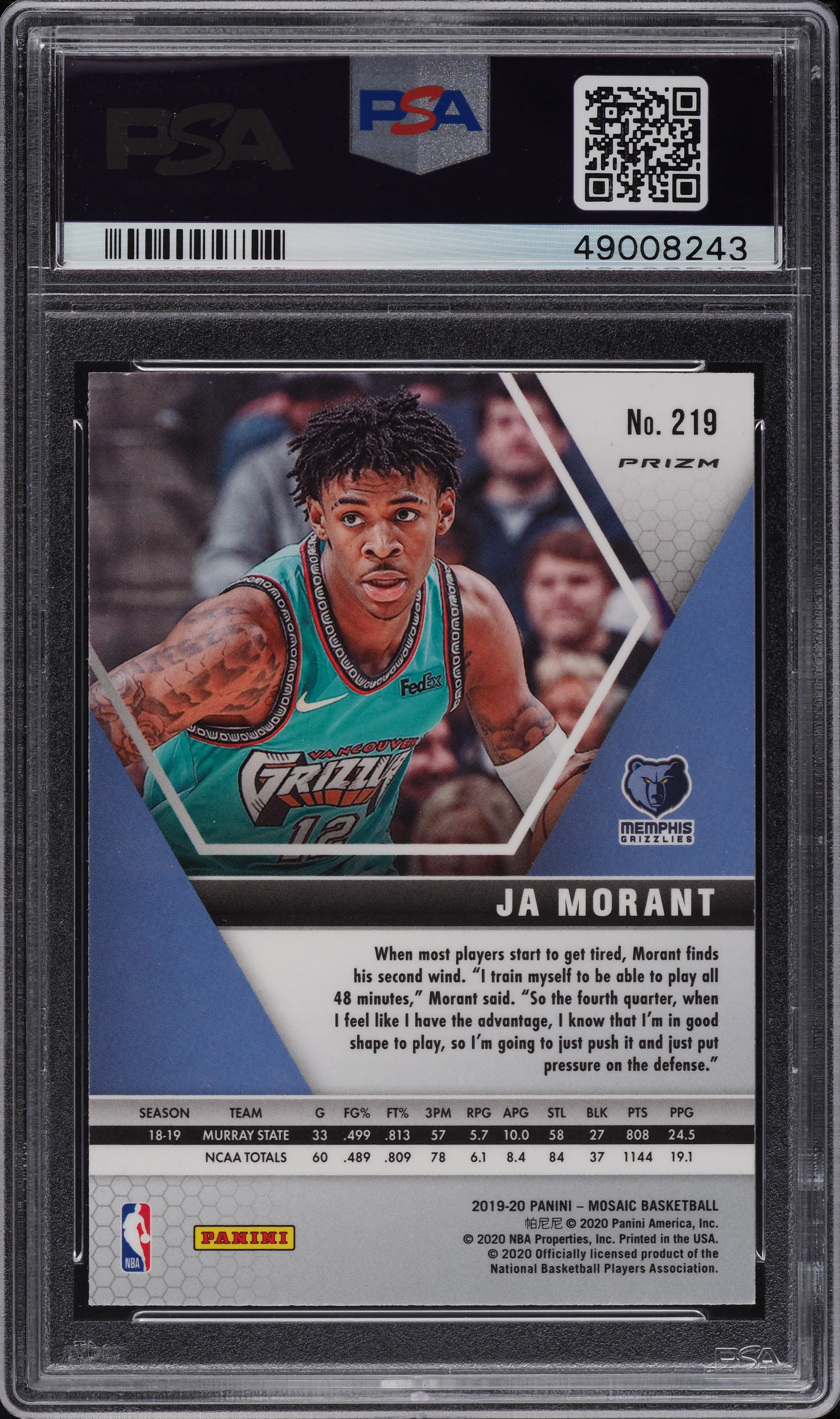 2019 Panini Mosaic Choice Peacock Ja Morant ROOKIE RC #219 PSA 10