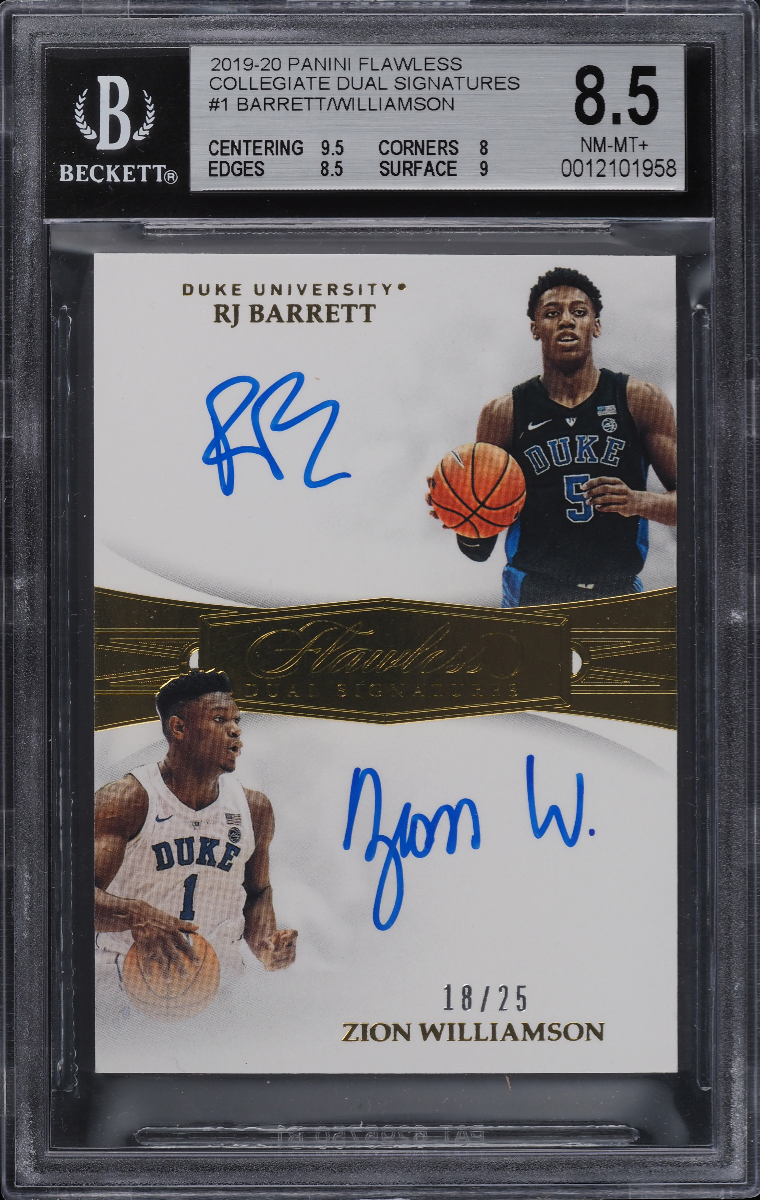 2019 Flawless Collegiate Dual RJ & Zion Williamson RC AUTO /25 BGS