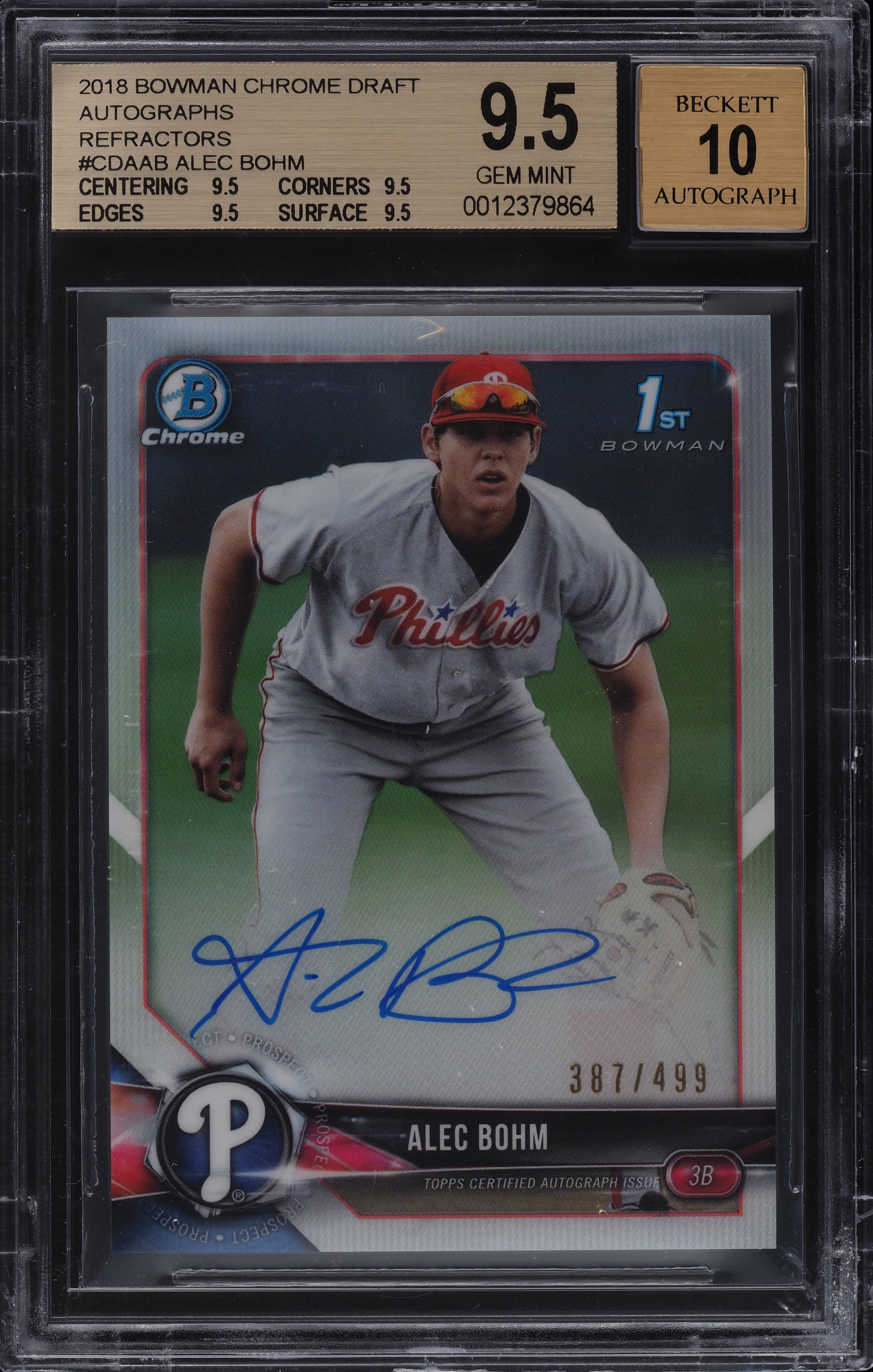 2018 Bowman Chrome Refractor Alec Bohm ROOKIE RC AUTO /499 BGS 9.5