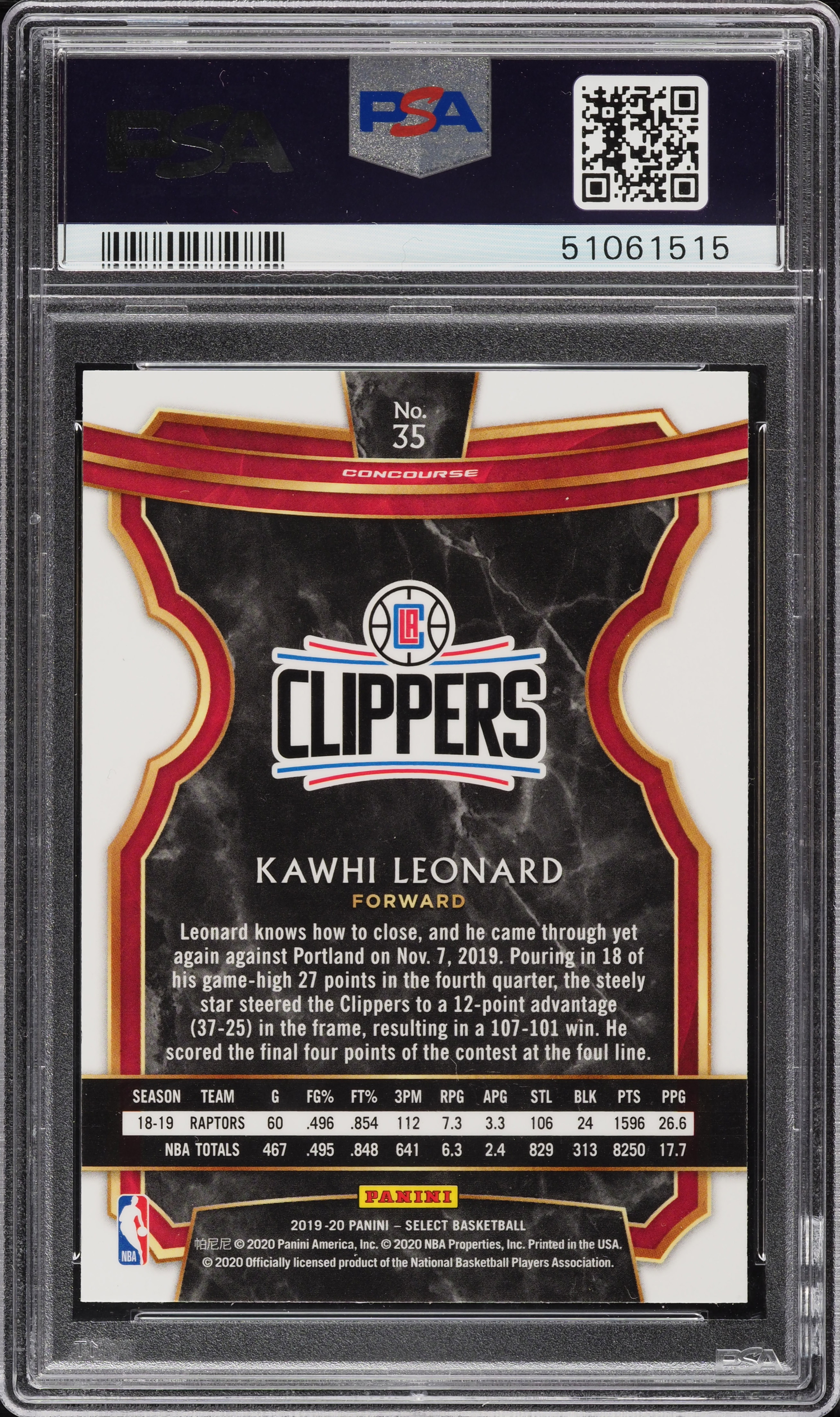 2019 Select Concourse Kawhi Leonard #35 PSA 9 MINT on Fanatics Collect