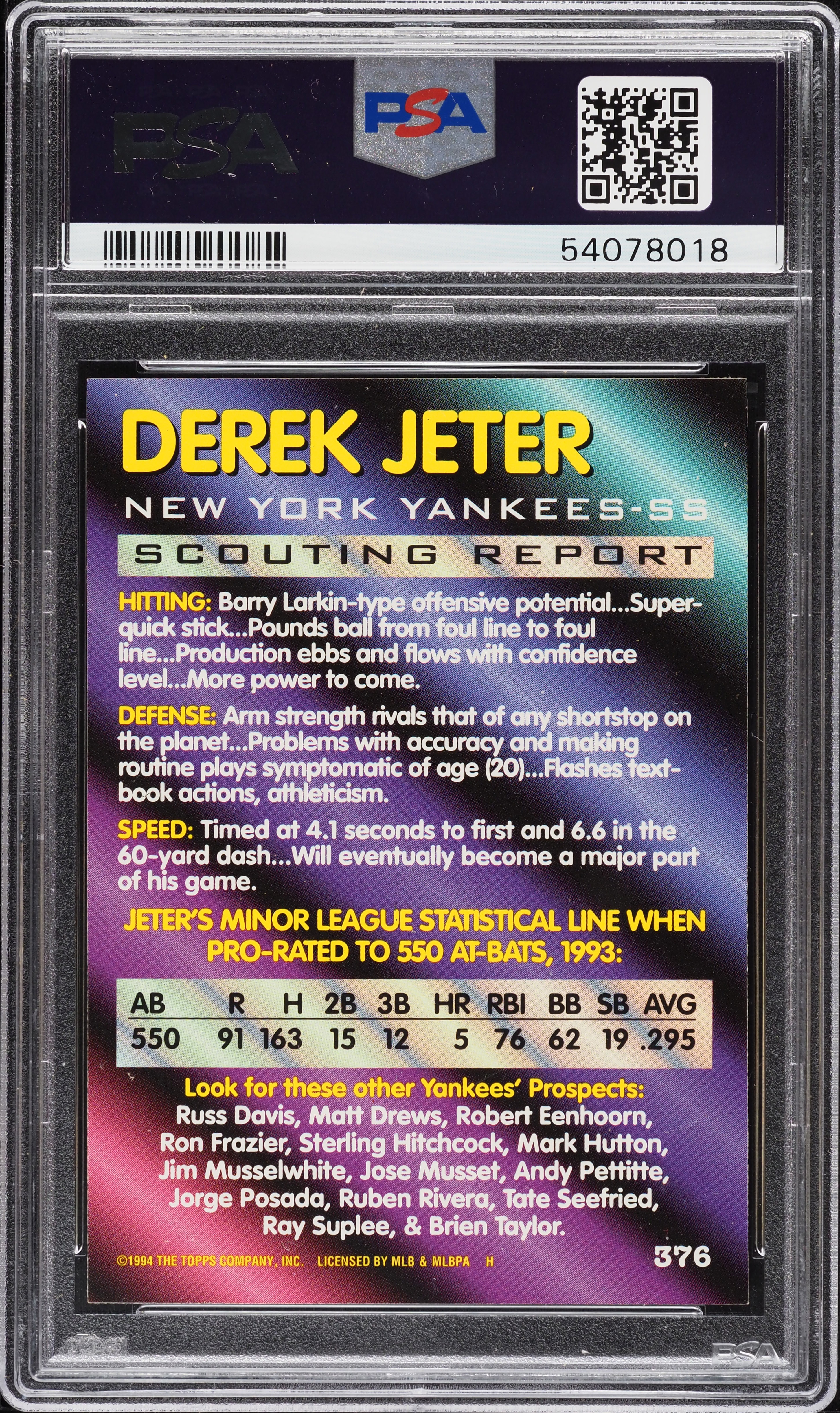 1994 Bowman Foil Derek Jeter ROOKIE #376 PSA 9 MINT on Fanatics 