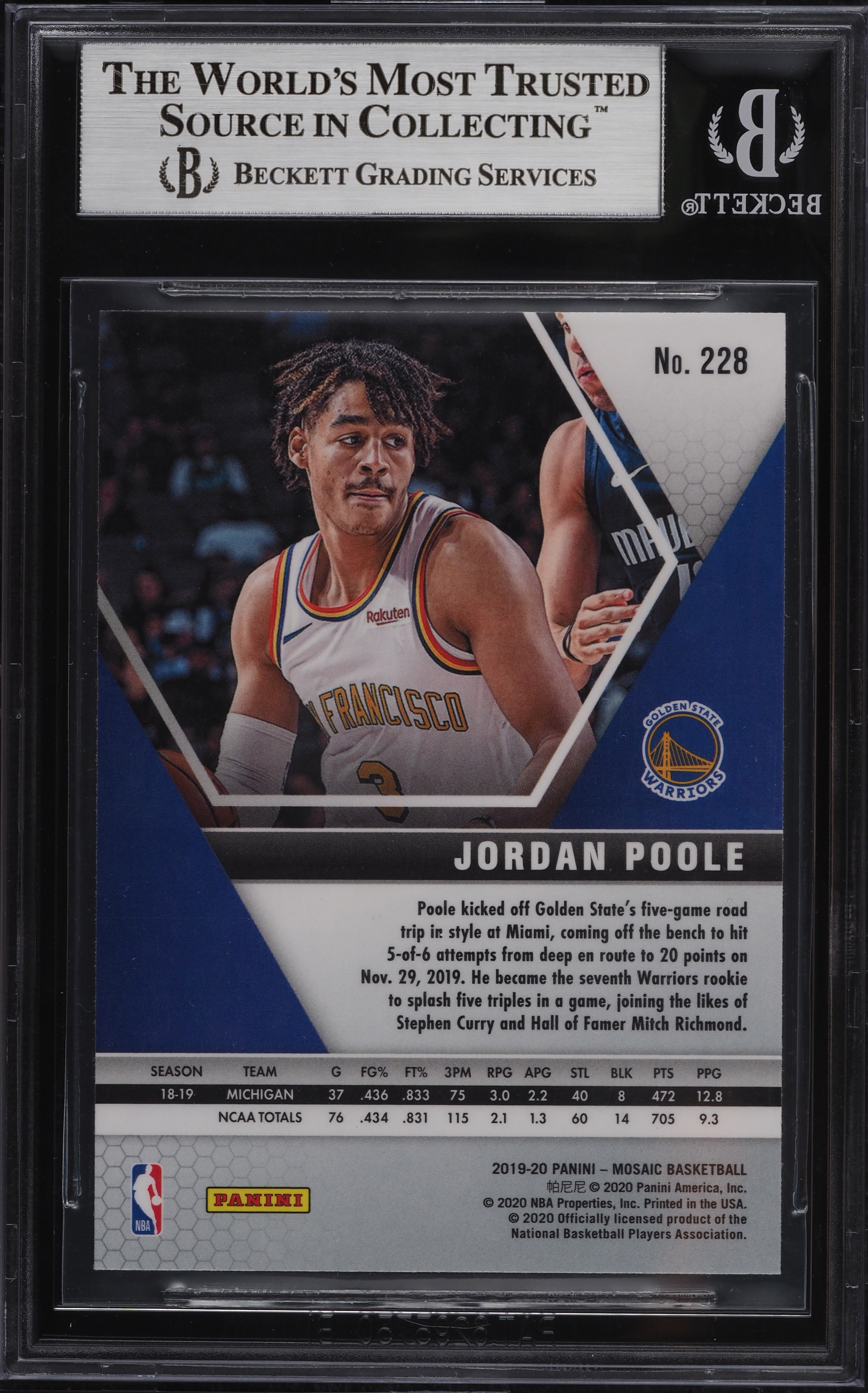2019 Panini Mosaic Jordan Poole ROOKIE RC #228 BGS 9 MINT on