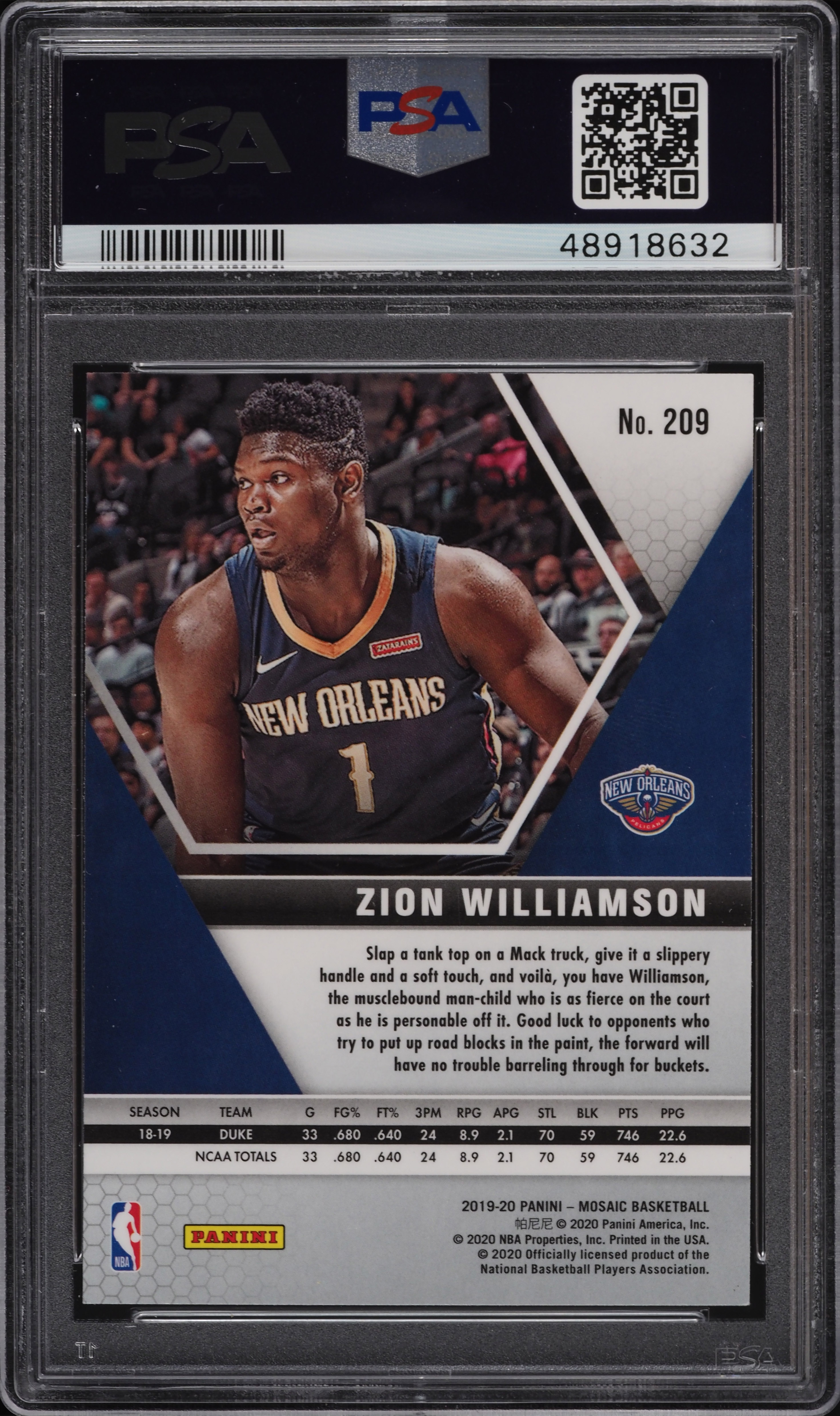 2019 Panini Mosaic Zion Williamson ROOKIE #209 PSA 10 GEM MINT on