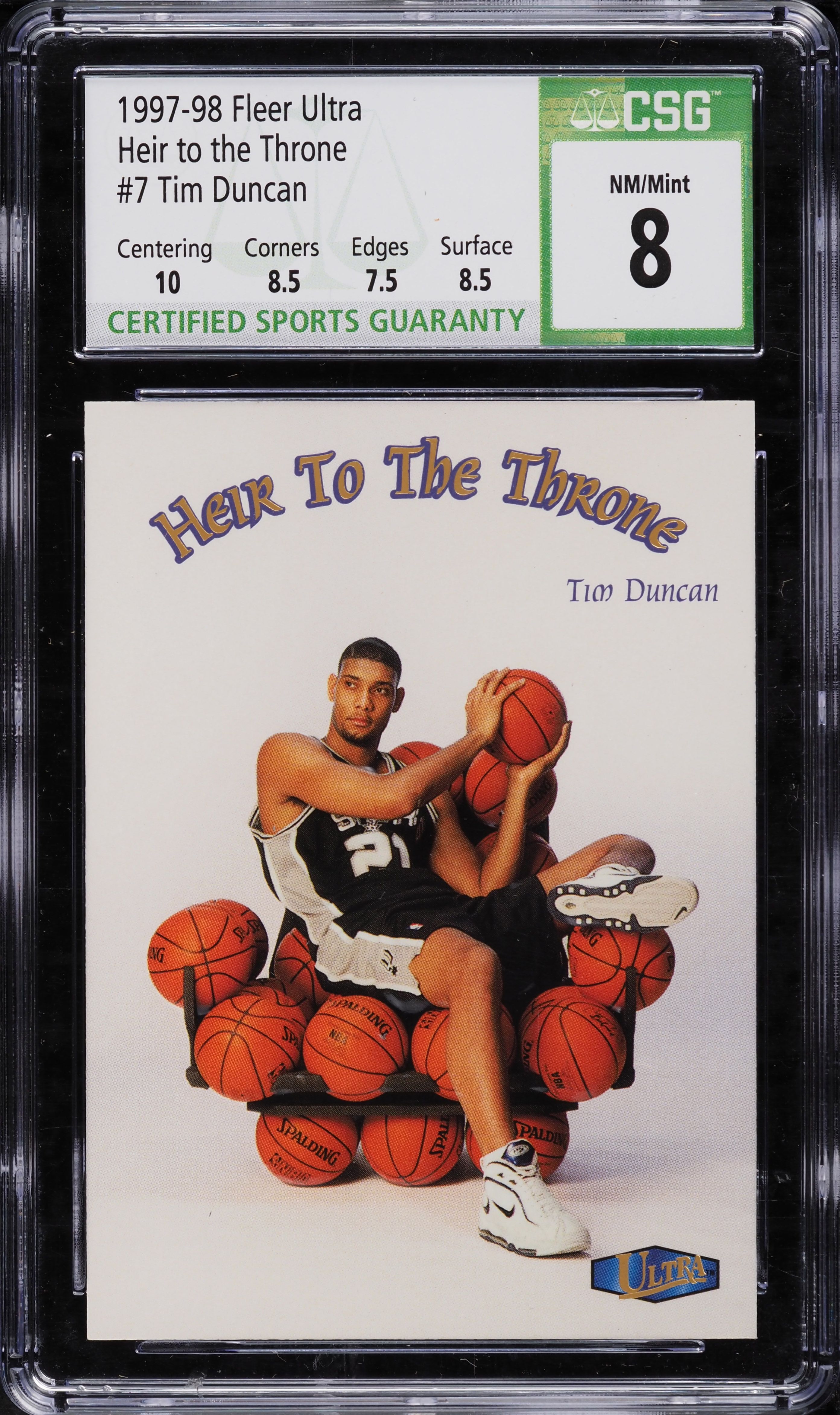 1997 Ultra Heir to the Throne Tim Duncan ROOKIE #7 CSG 8 NM-MT on