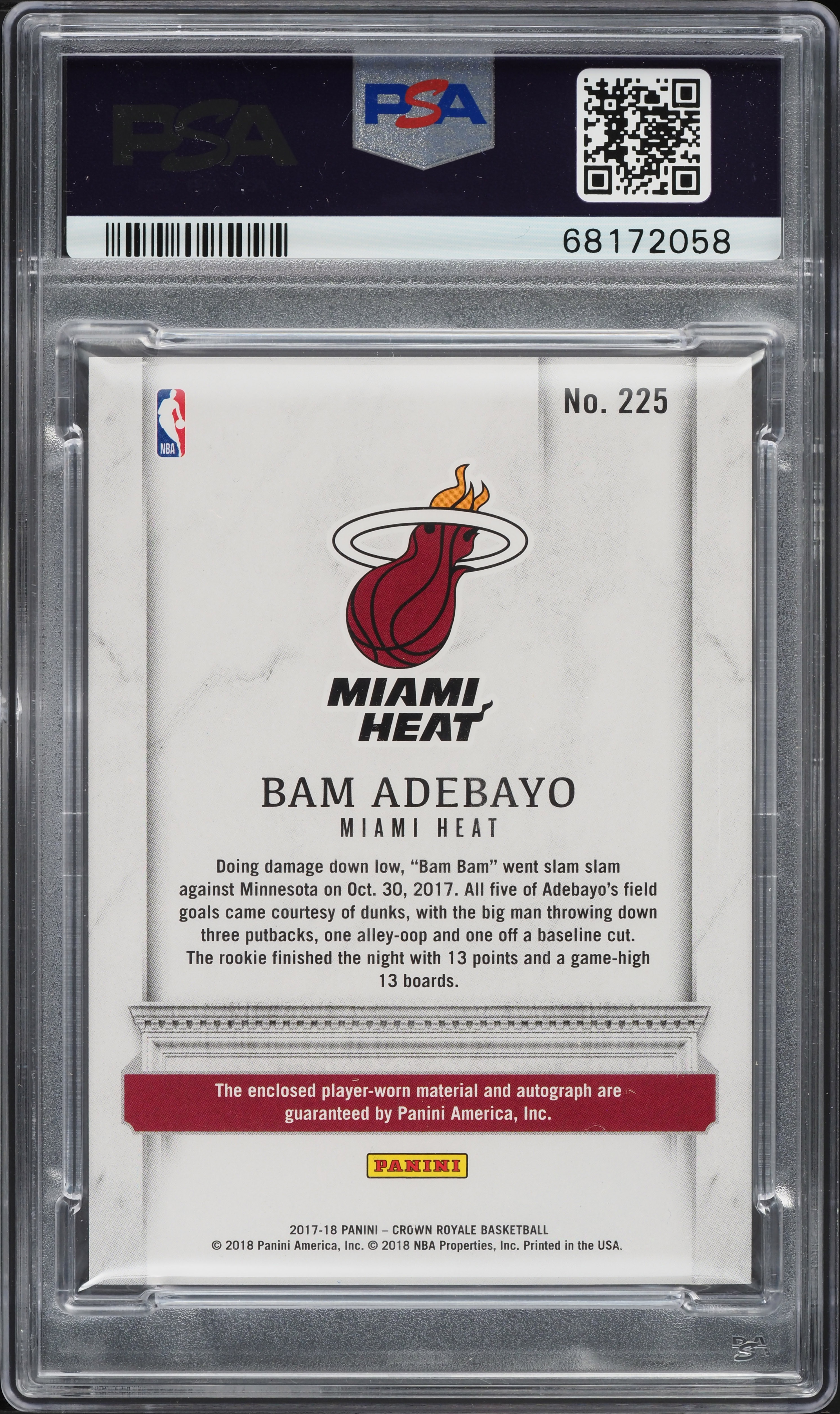 2017 Crown Royale Bam Adebayo ROOKIE PATCH AUTO /199 #225 PSA 10 