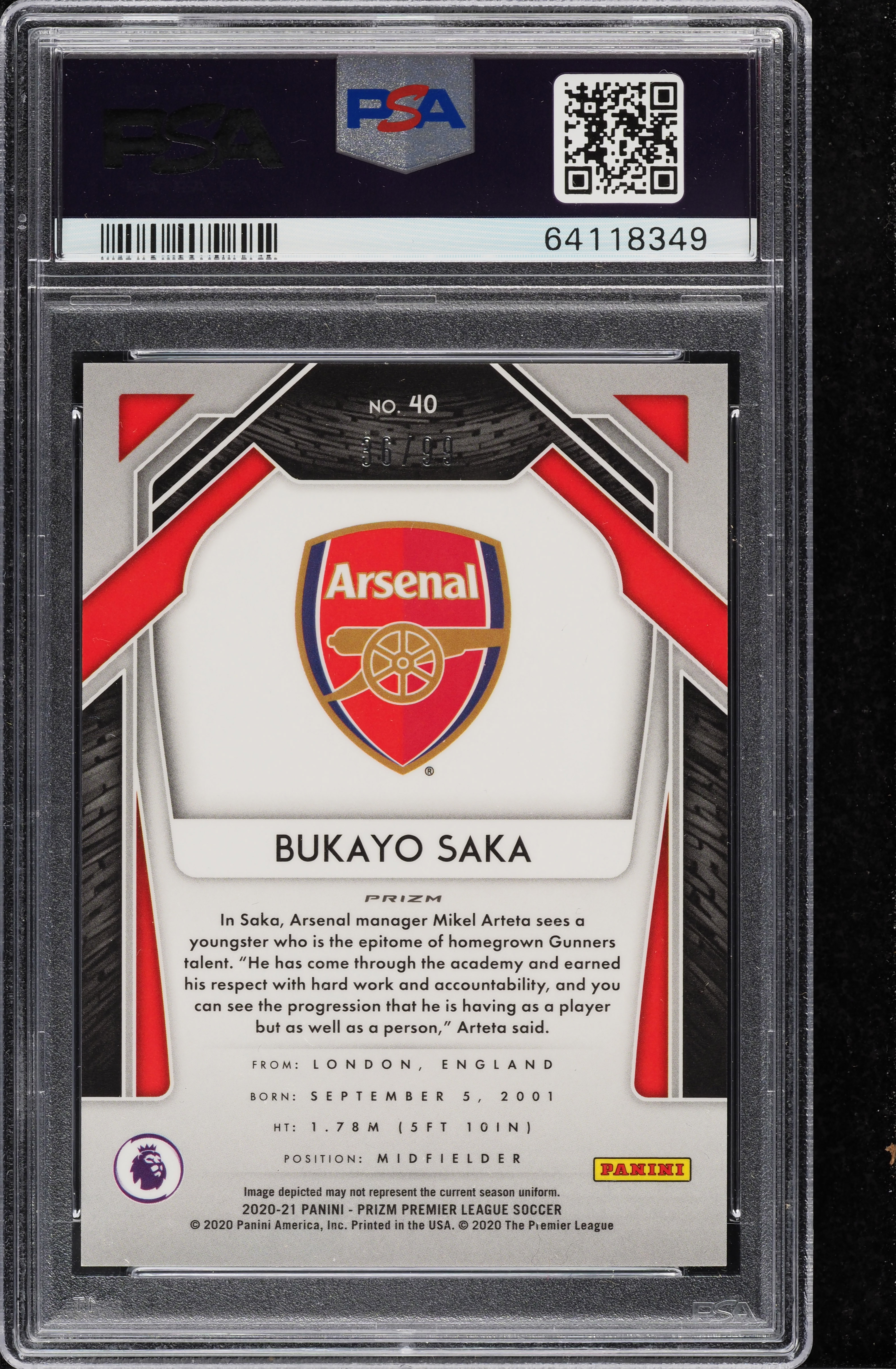 SAKA☆ページ 2020 Panini Prizm Premier League Purple Bukayo Saka /99 #40 PSA 9