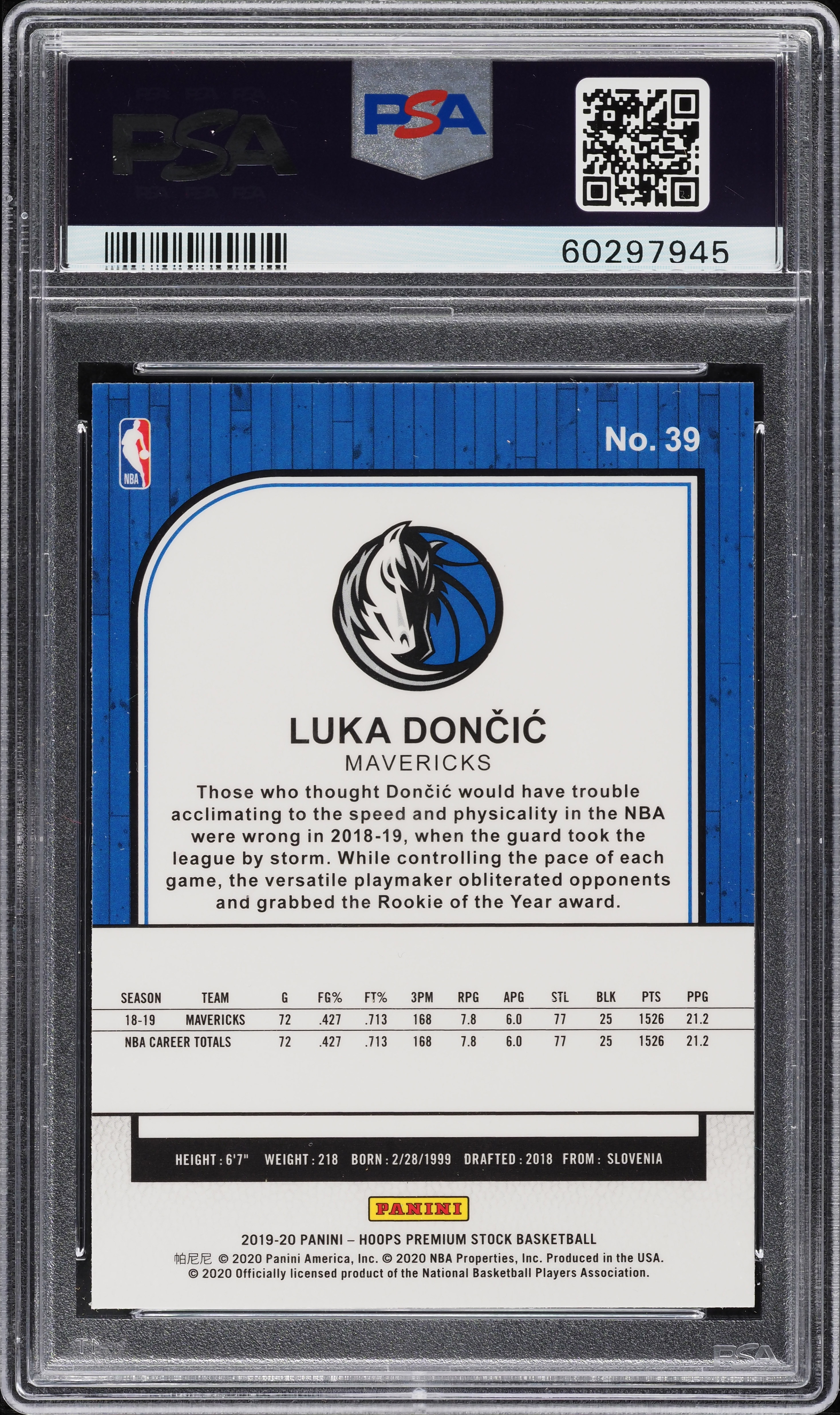 2019 Hoops Premium Stock Luka Doncic #39 PSA 9 MINT on Fanatics