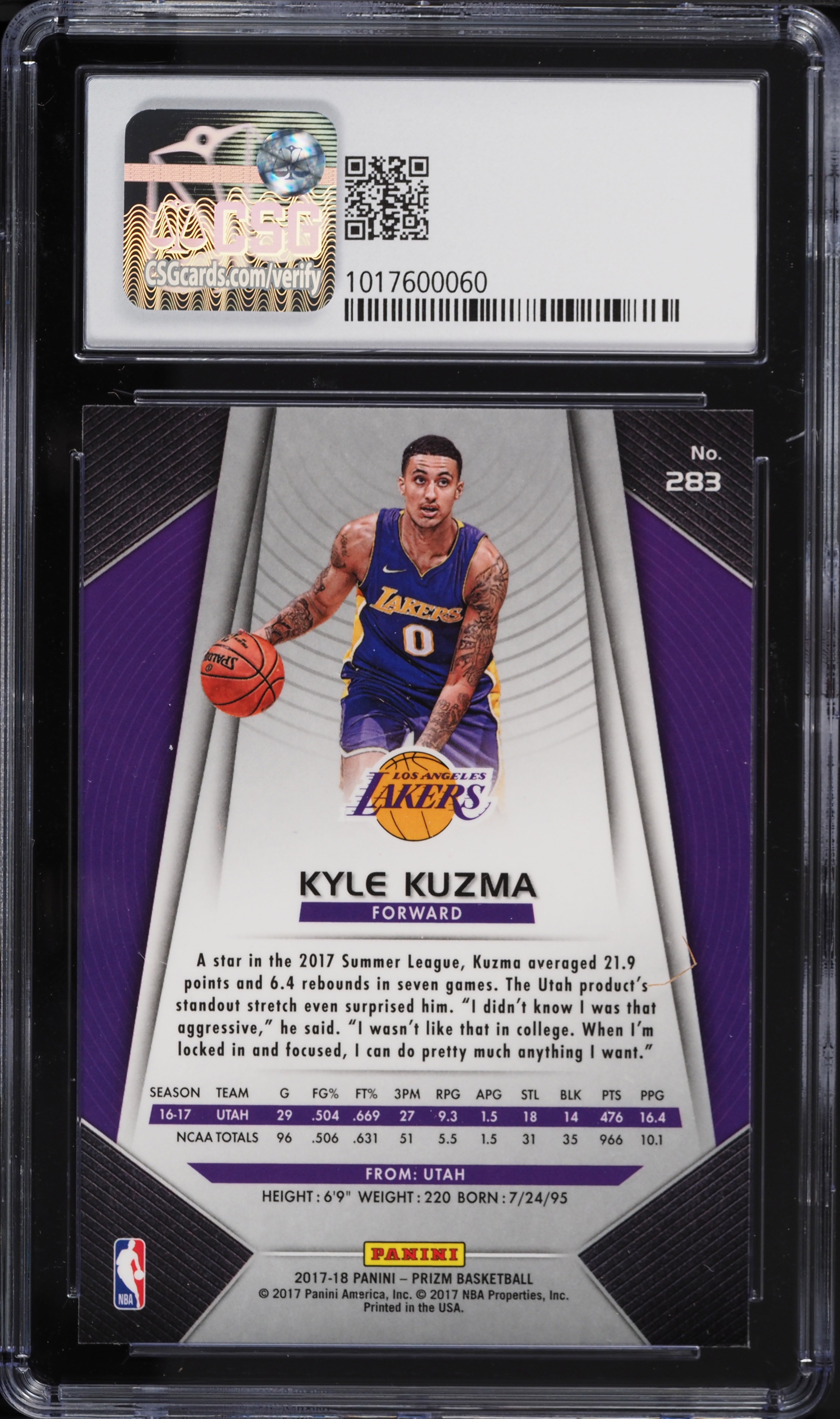 2017 Panini Prizm Kyle Kuzma ROOKIE #283 CSG 9 MINT on Fanatics