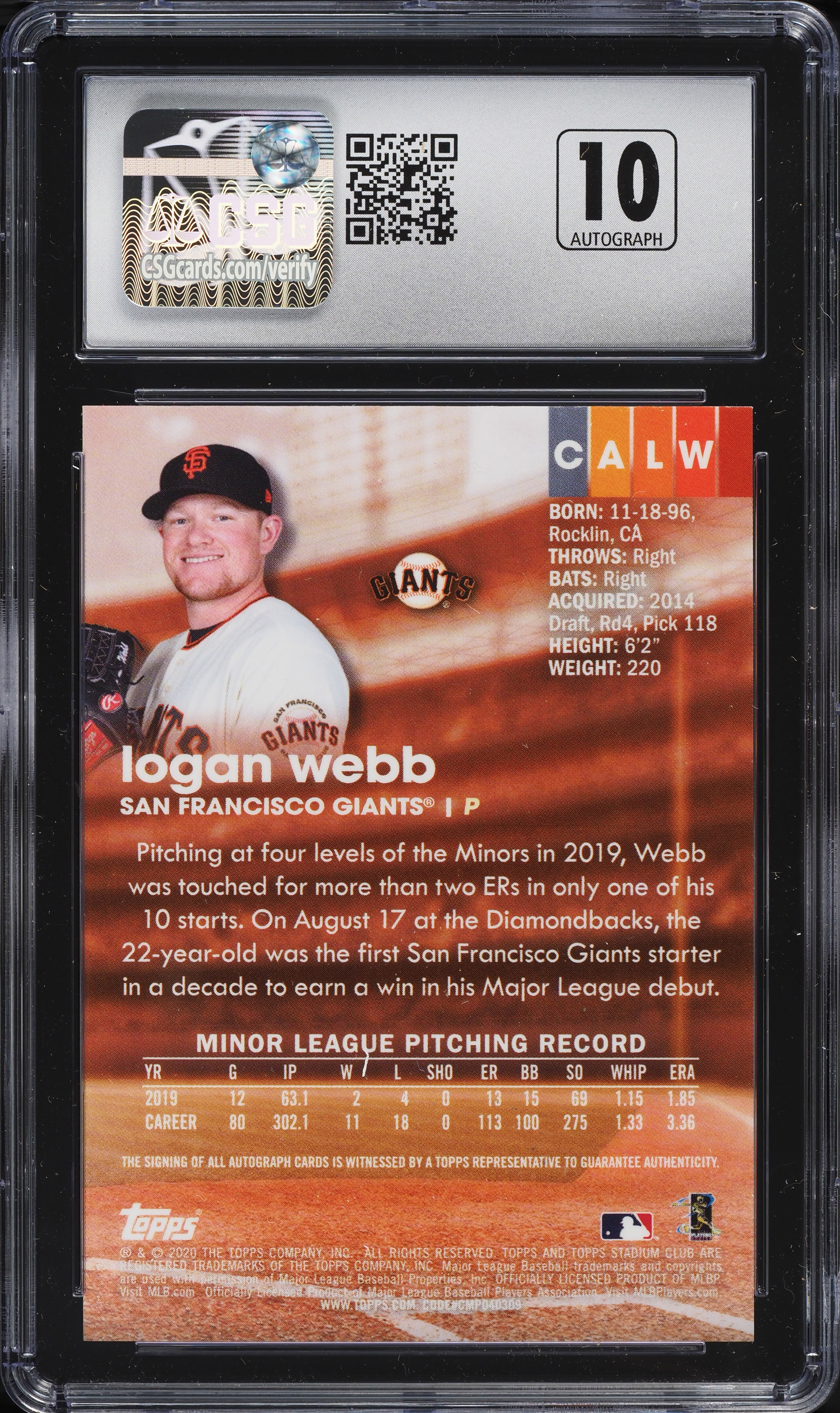 2020 Topps Stadium Club Chrome Logan Webb ROOKIE AUTO #CALW CSG 10 