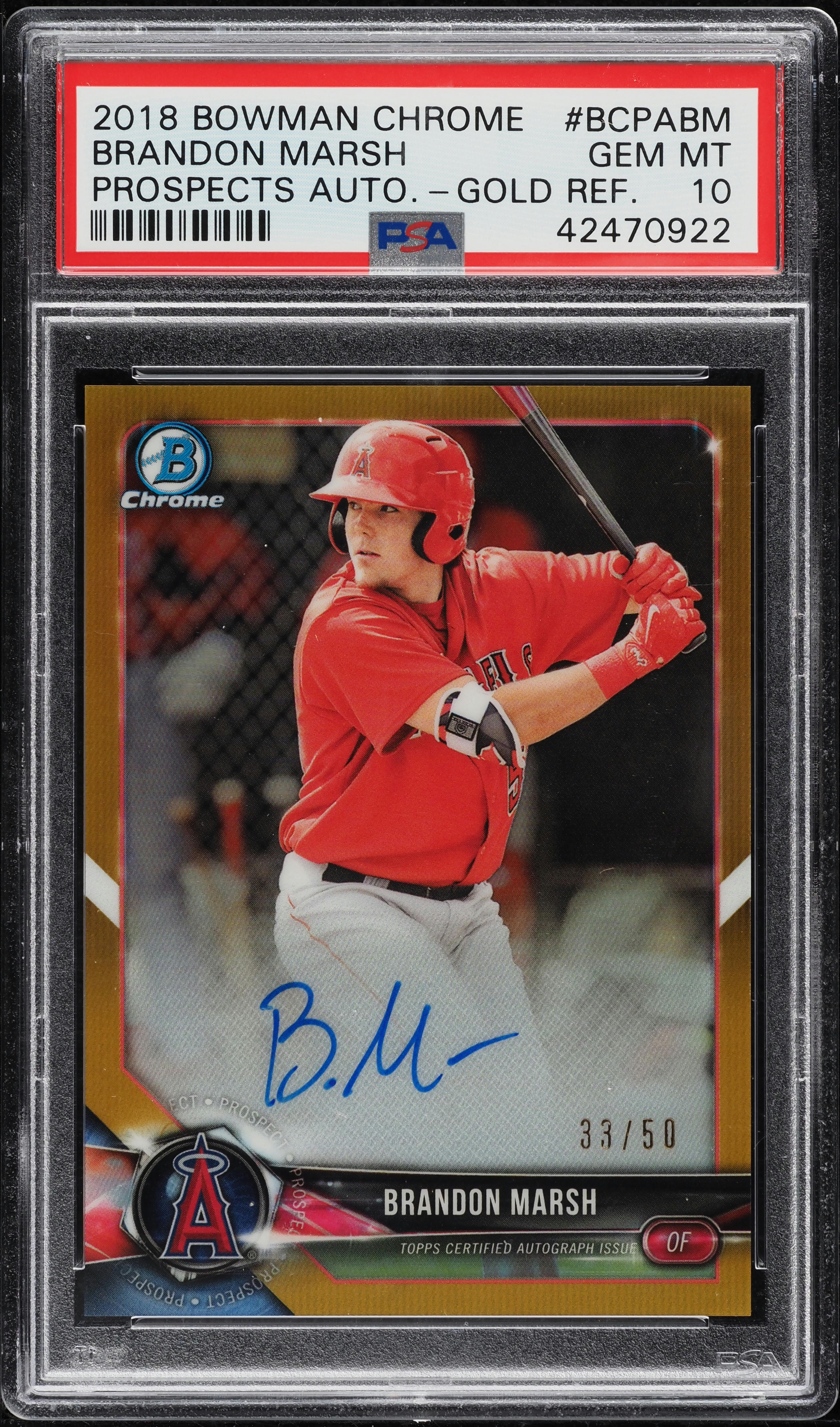 2018 bowman Brandon marsh auto リフ PSA9 2018 Bowman Chrome Gold Refractor Brandon Marsh ROOKIE AUTO /50