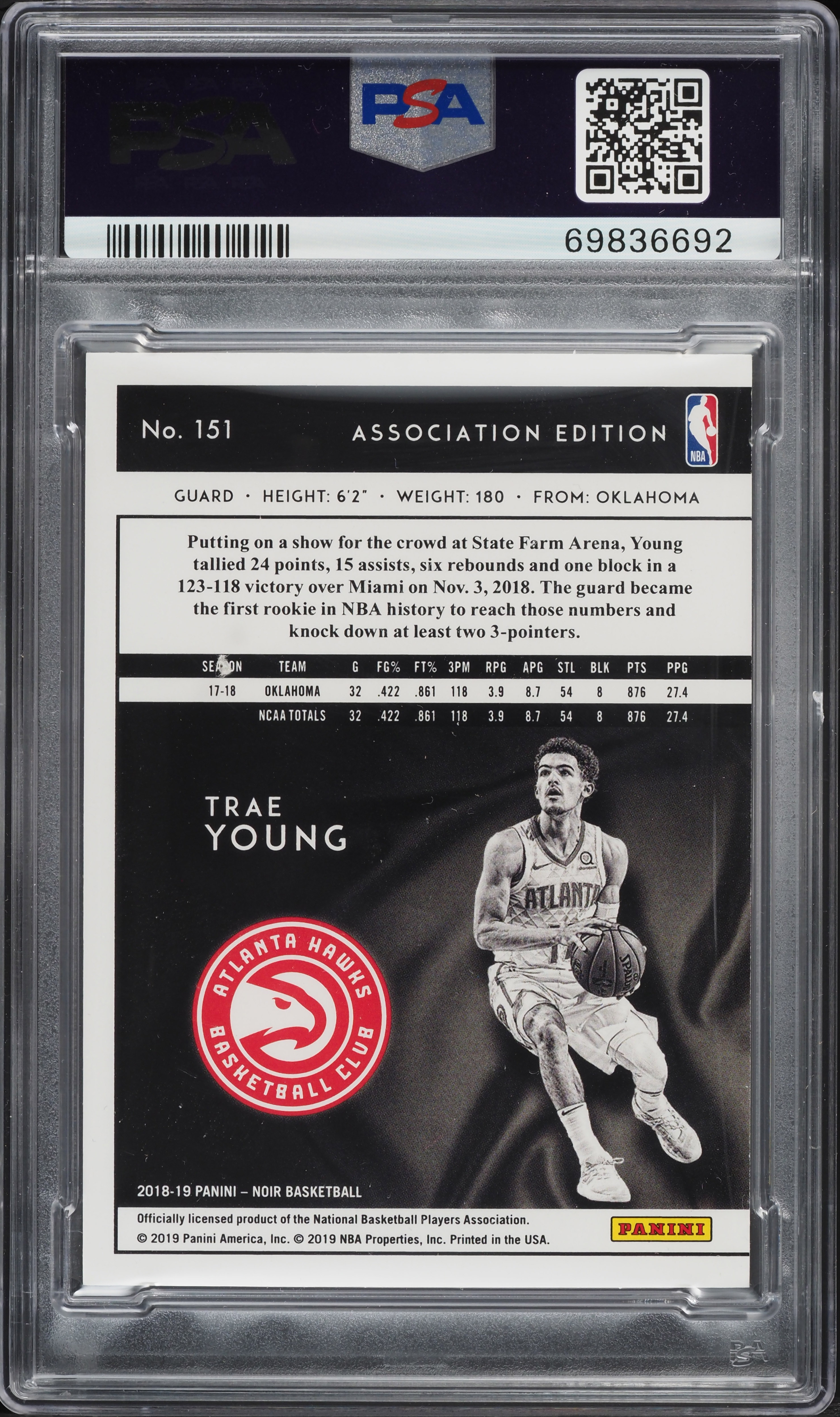 2018 Panini Noir Platinum Trae Young ROOKIE 1/1 #151 PSA 6 EXMT on