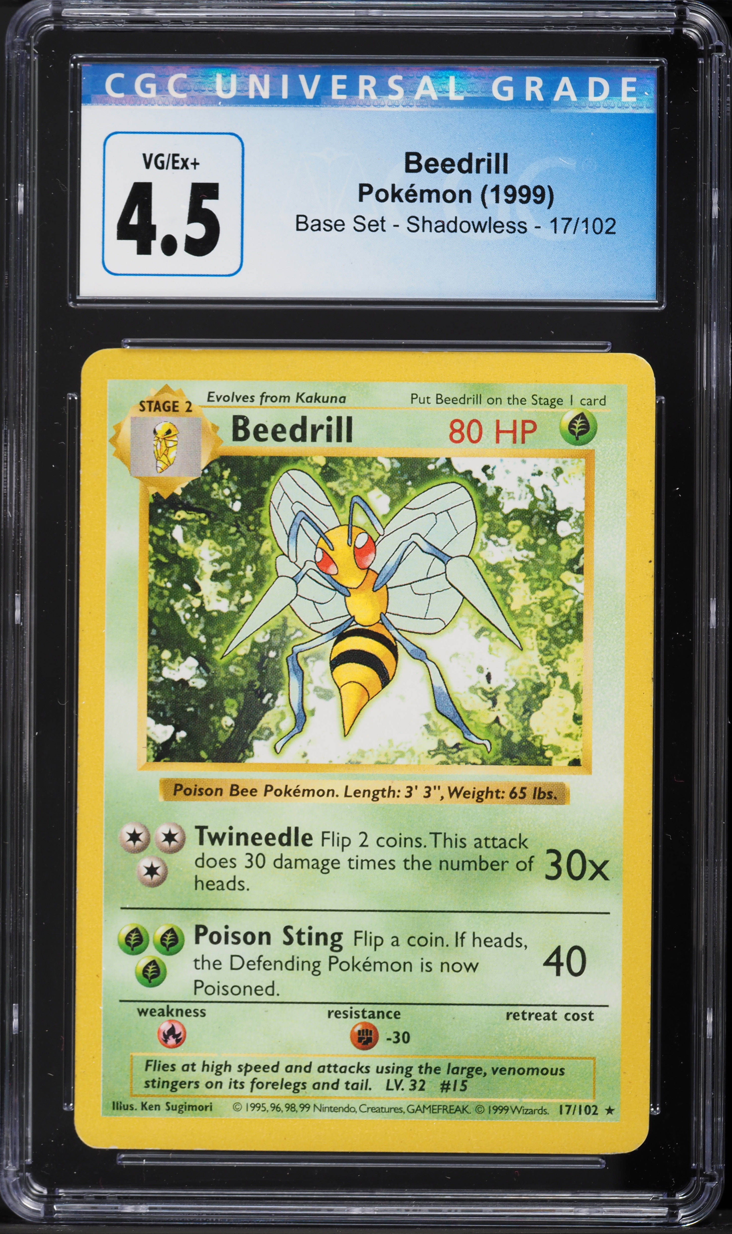 旧裏 PSA9 Beedrill 1999 Shadowless スピアー 1999 Pokemon Base Set Shadowless Beedrill #17 CGC 4.5 VGEX+ on