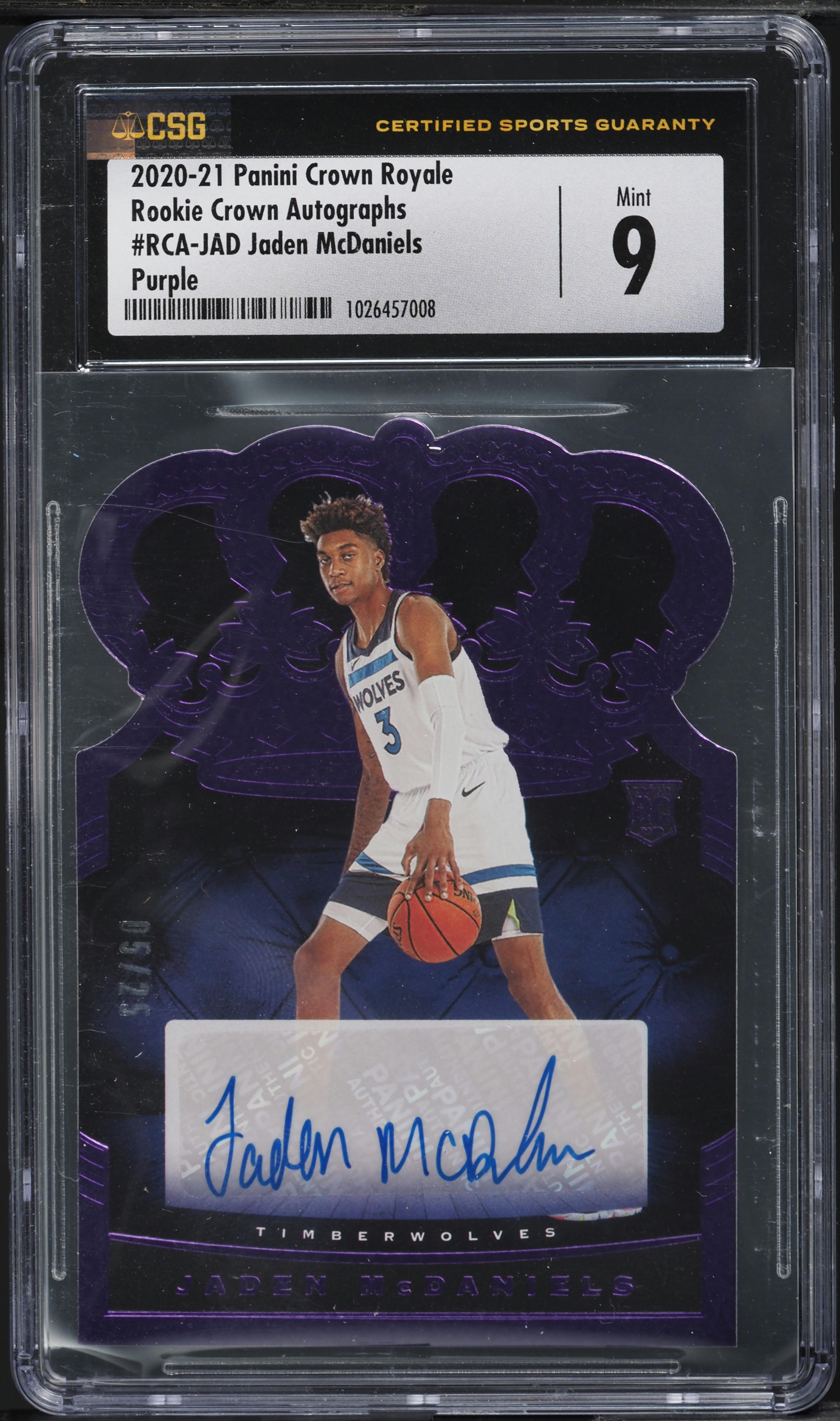 2020 Crown Royale Jaden McDaniels ROOKIE AUTO /25 #RCA-JAD CSG 9