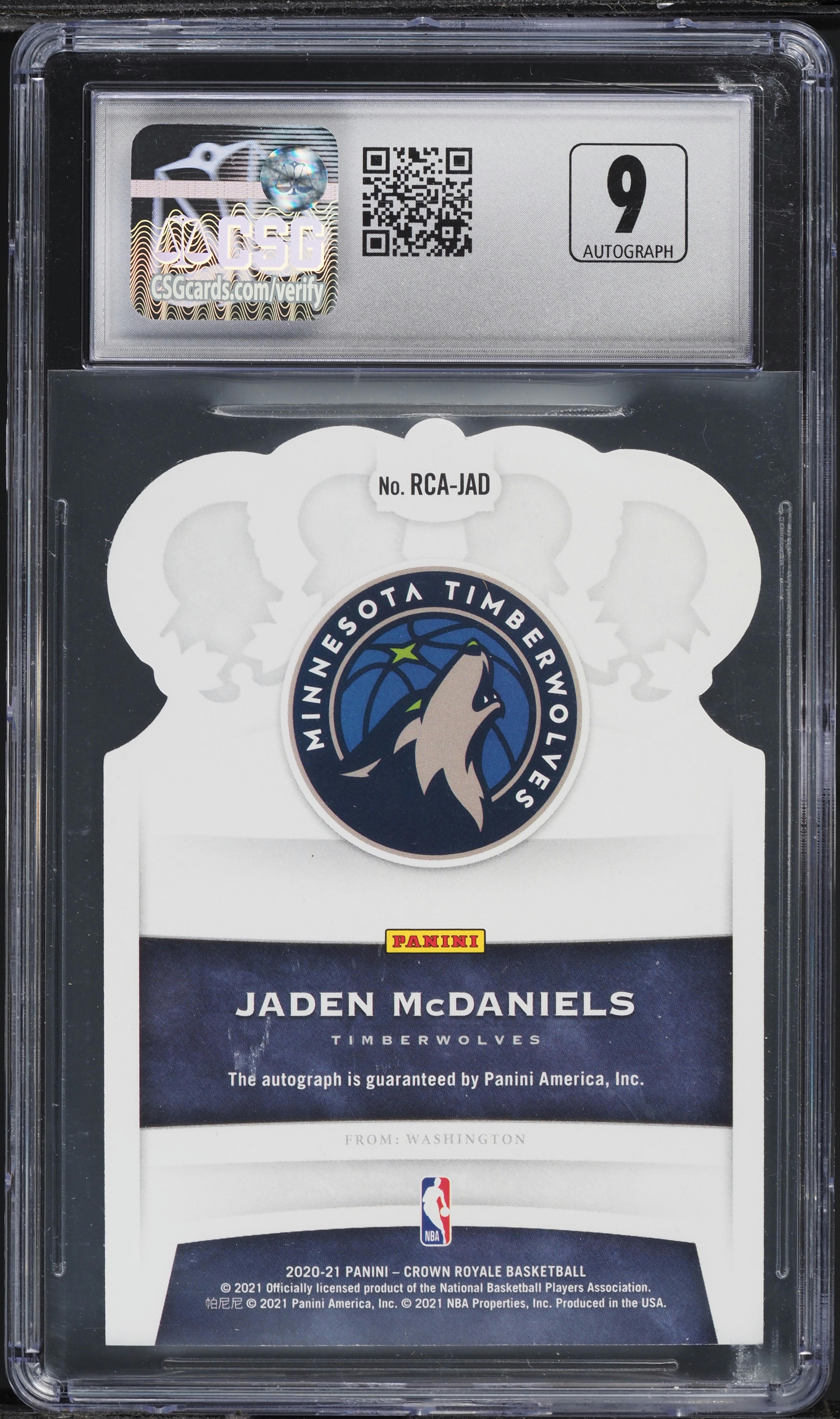 2020 Crown Royale Jaden McDaniels ROOKIE AUTO /25 #RCA-JAD CSG 9 