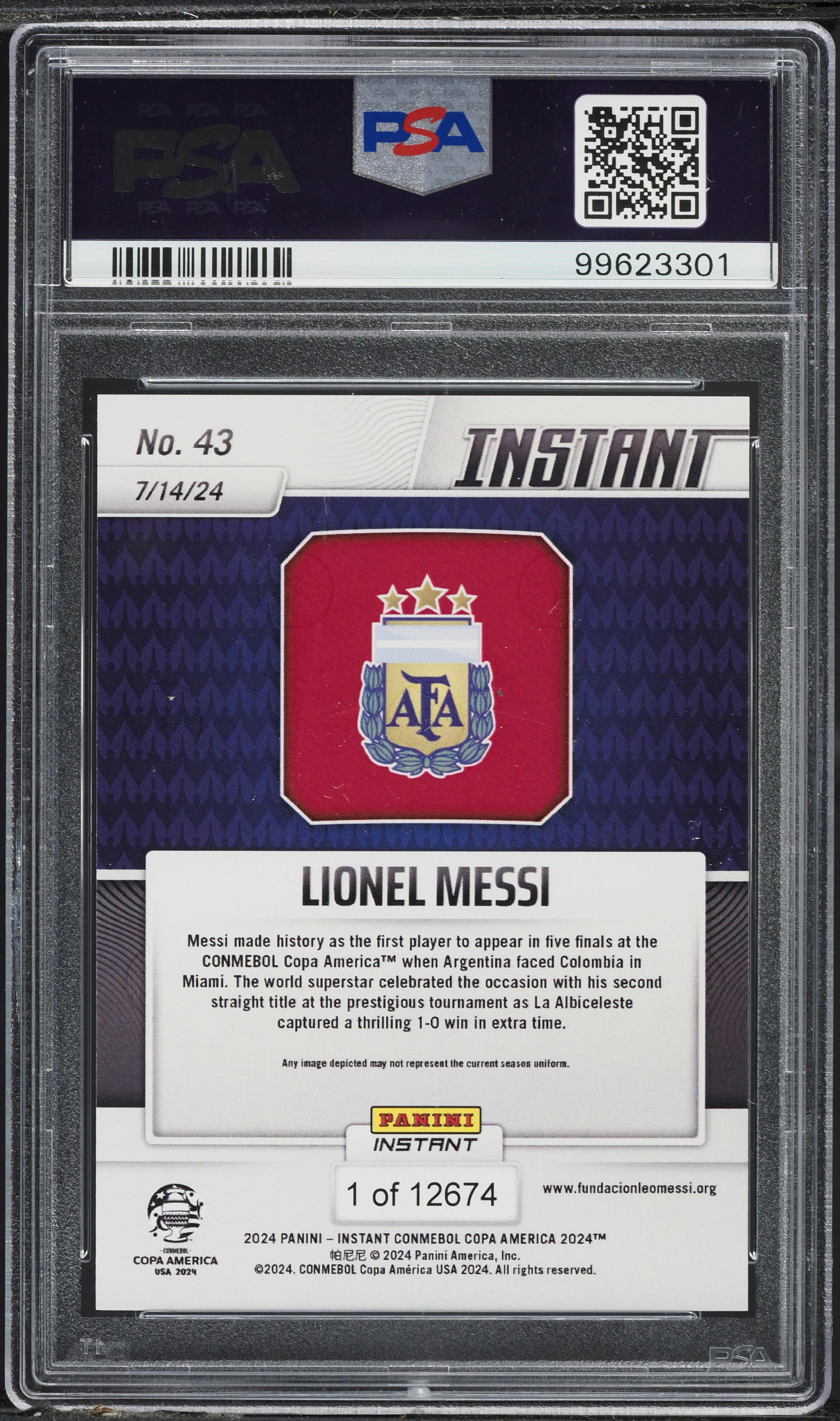 Carte Panini Instant Copa América Lionel Messi #43 PSA 10 GEM MT - Édition Limitée 2024