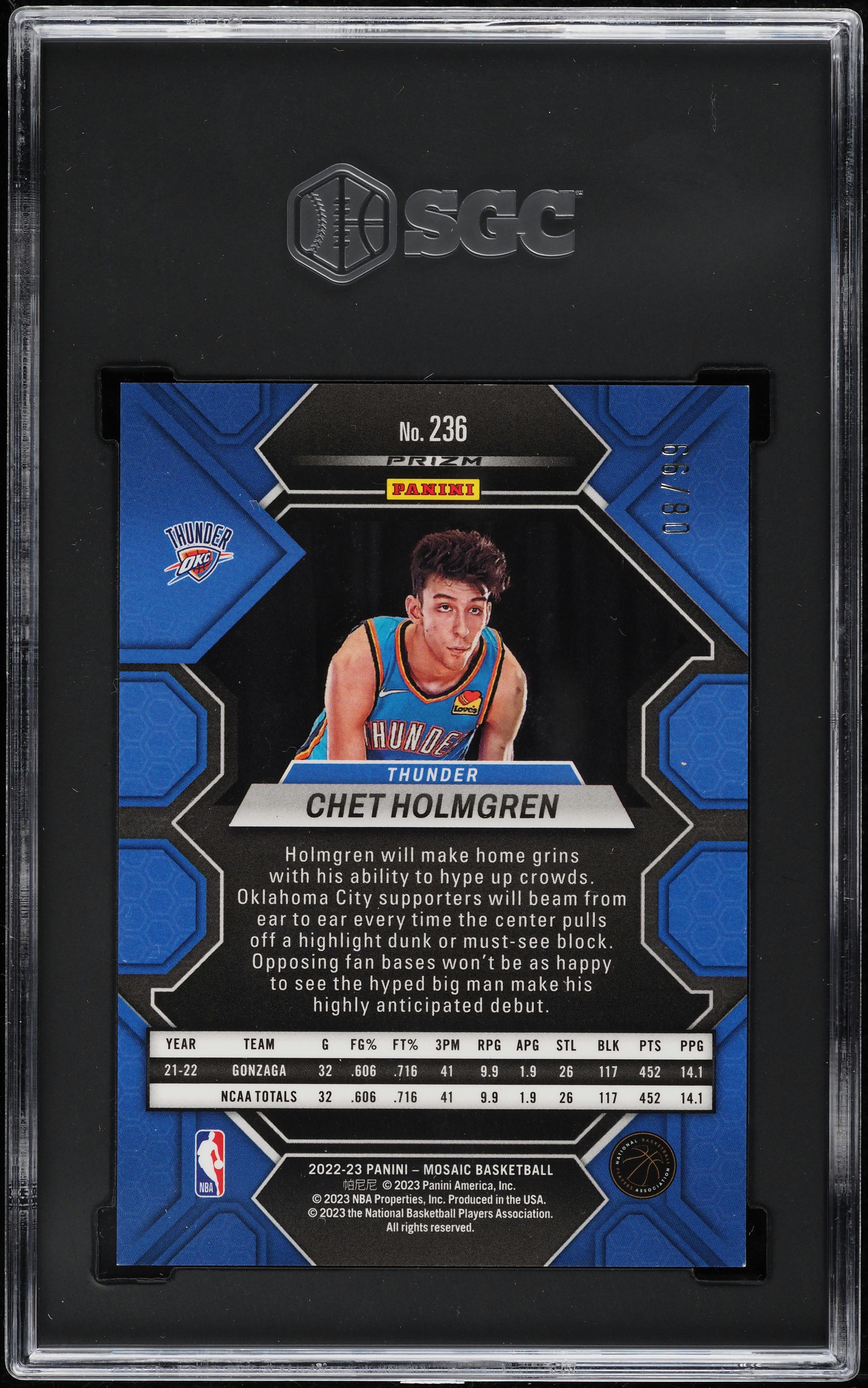 2022 Panini Mosaic Purple Prizm Chet Holmgren ROOKIE /99 #236 SGC 