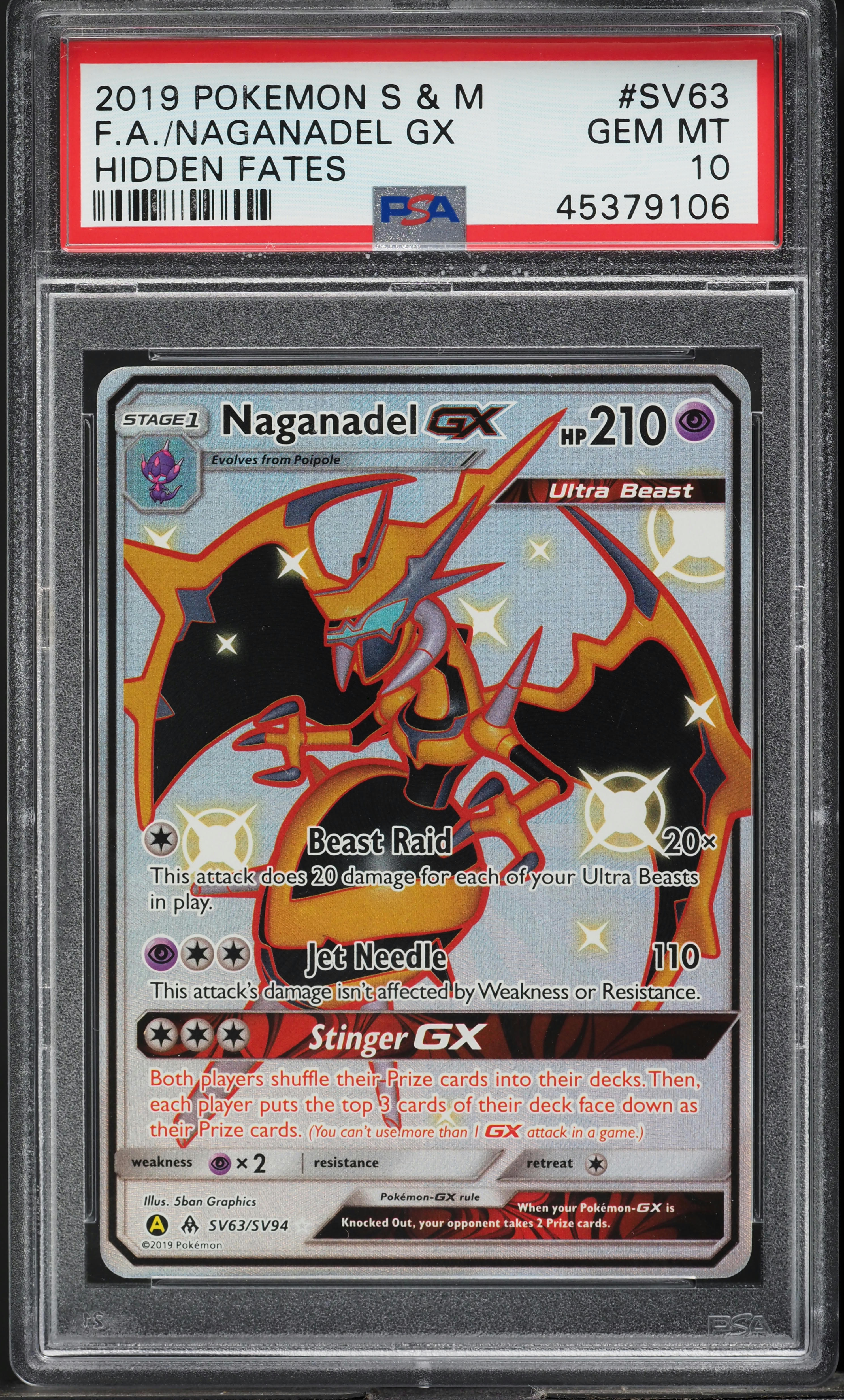 2019 Pokemon Sun & Moon Hidden Fates Shiny Naganadel GX #SV63 PSA