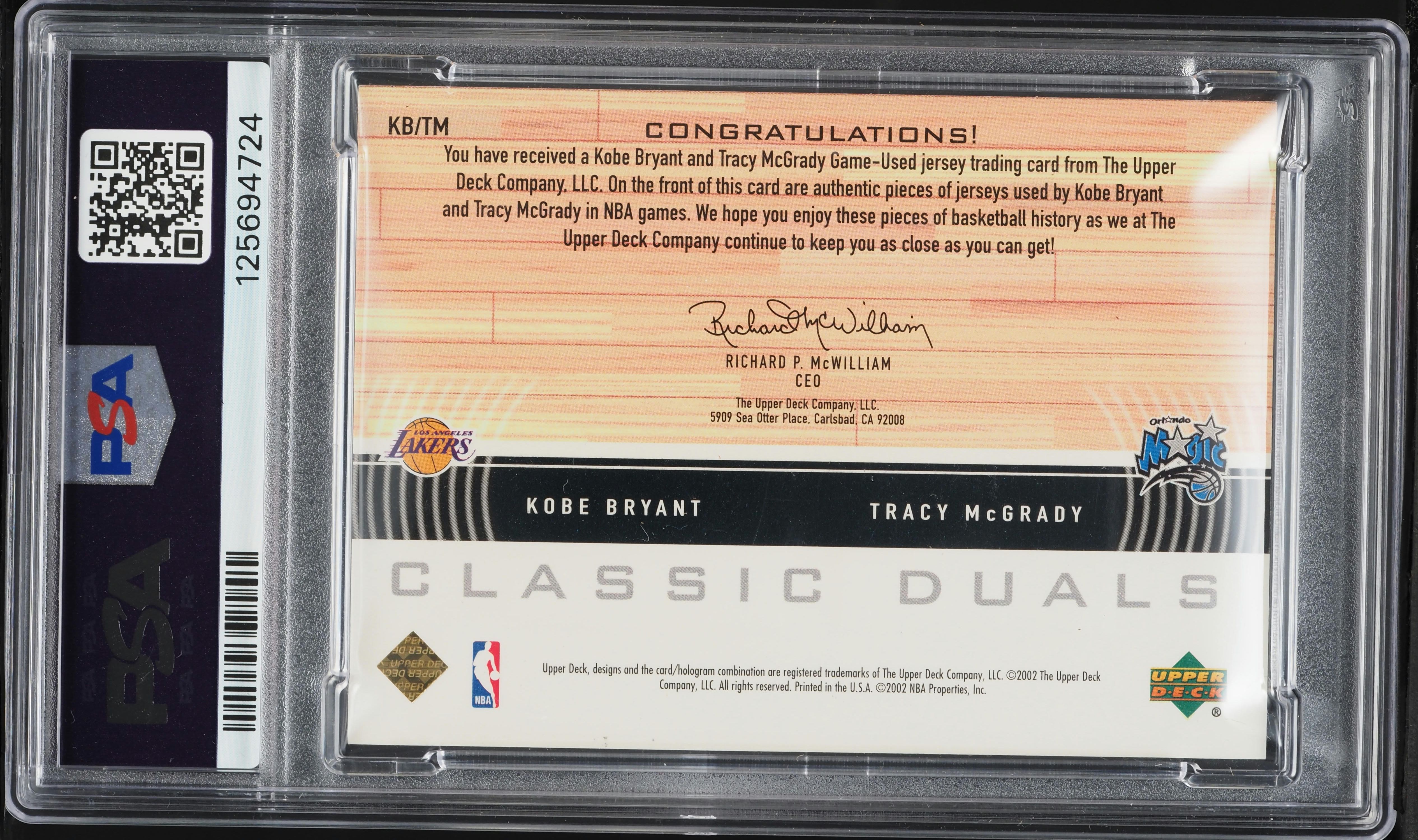2001 Upper Deck Classic Duals Game Kobe Bryant Tracy McGrady PATCH